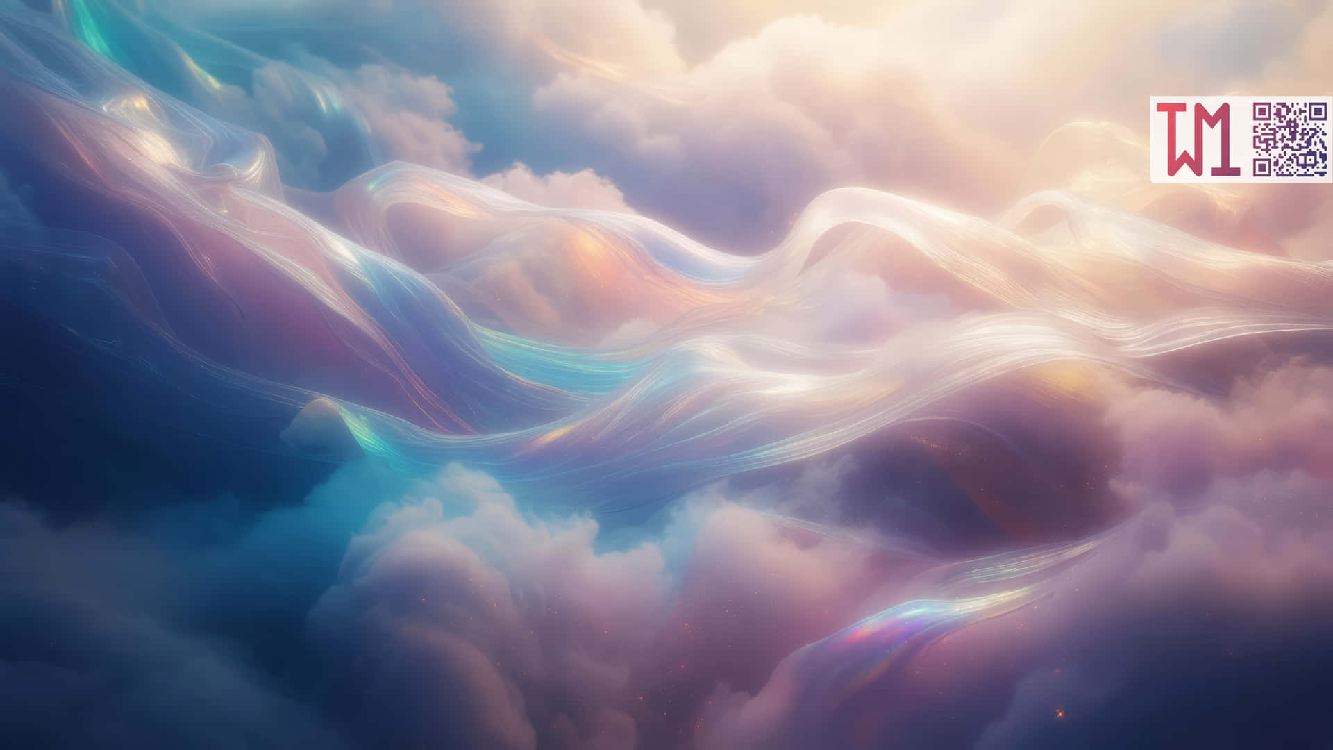 Ethereal Part I/23 壁紙 — 超現實的天空，流動的彩虹色雲彩呈現粉藍、粉紅和金色，在較暗的雲層上柔和發光。