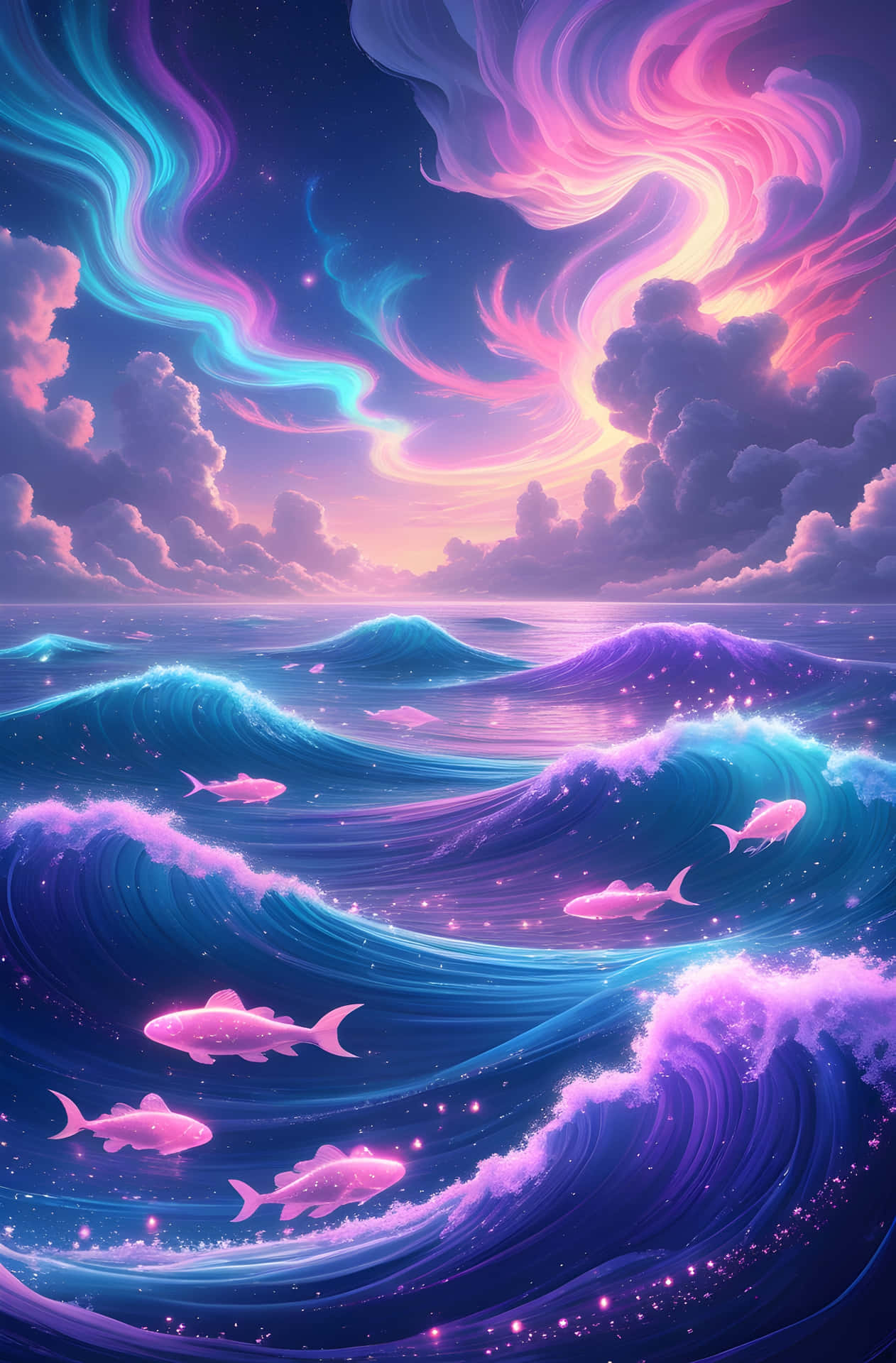 在星空極光下，帶有發光粉紅色魚的宇宙海洋波浪