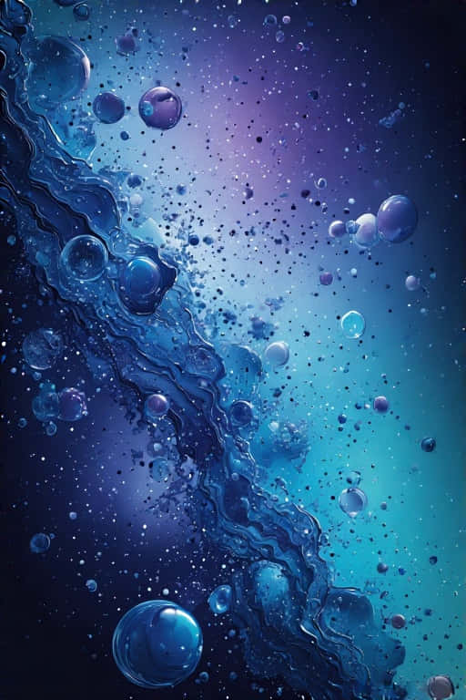 抽象數位藝術作品，以旋轉的藍色液體和漂浮的氣泡為特色，背景是宇宙漸變色。