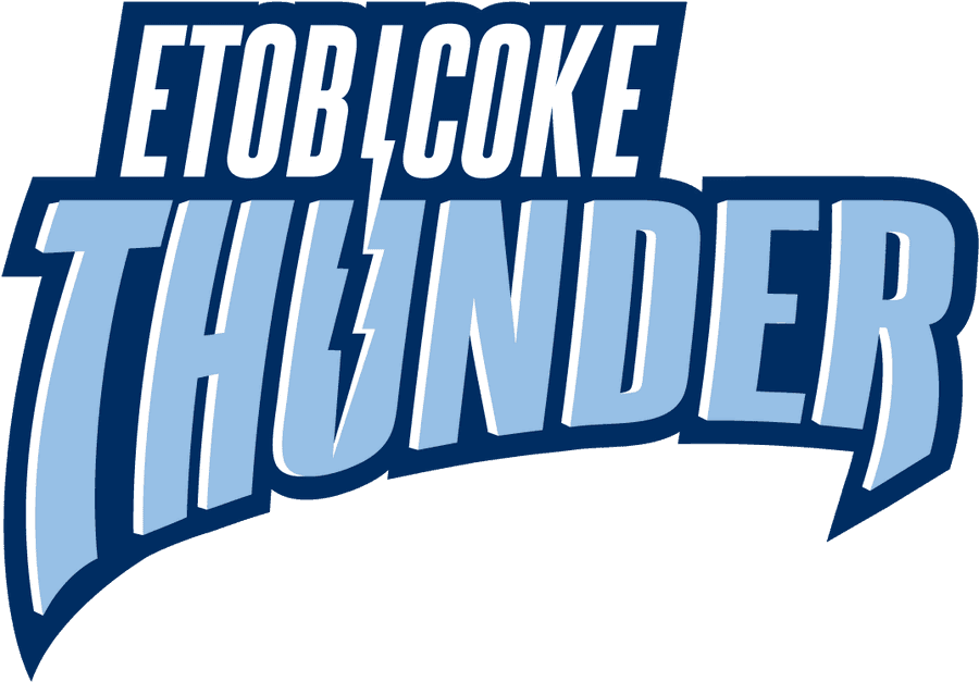 Etobicoke Thunder 標誌 壁紙 — 大膽的藍白「Etobicoke Thunder」標誌，帶有閃電設計，黑色背景。