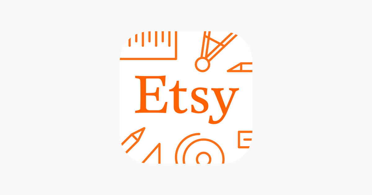 淺灰色背景上帶有橙色圖標和文字的Etsy應用程式標誌。