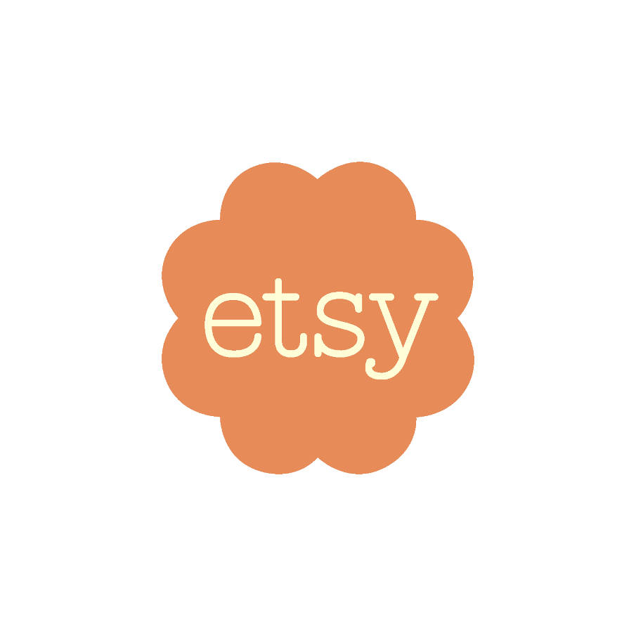 橙色花朵形Etsy標誌，白色背景上帶有奶油色文字