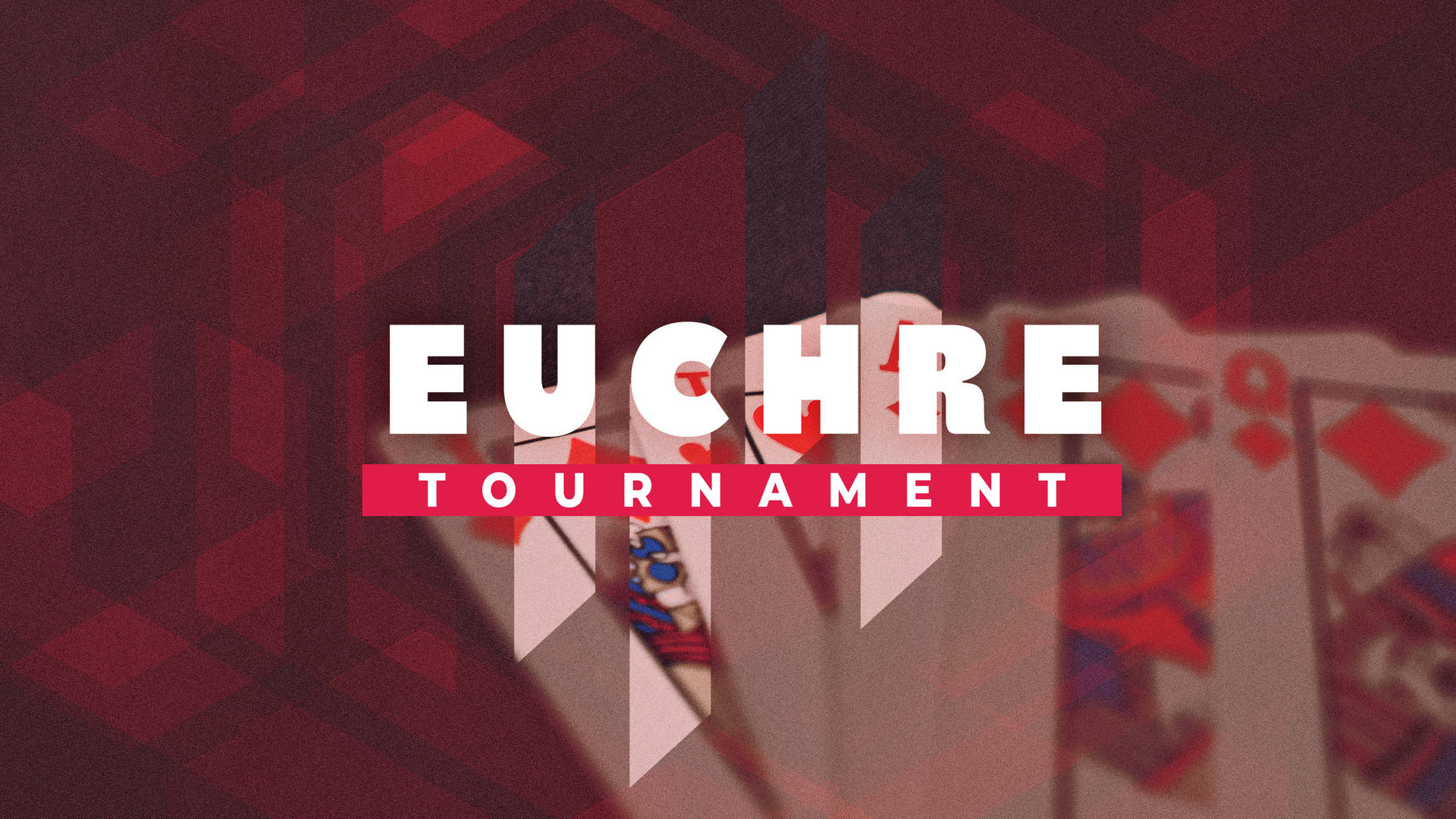 帶有紅色幾何背景和模糊卡片的Euchre錦標賽文字圖形。
