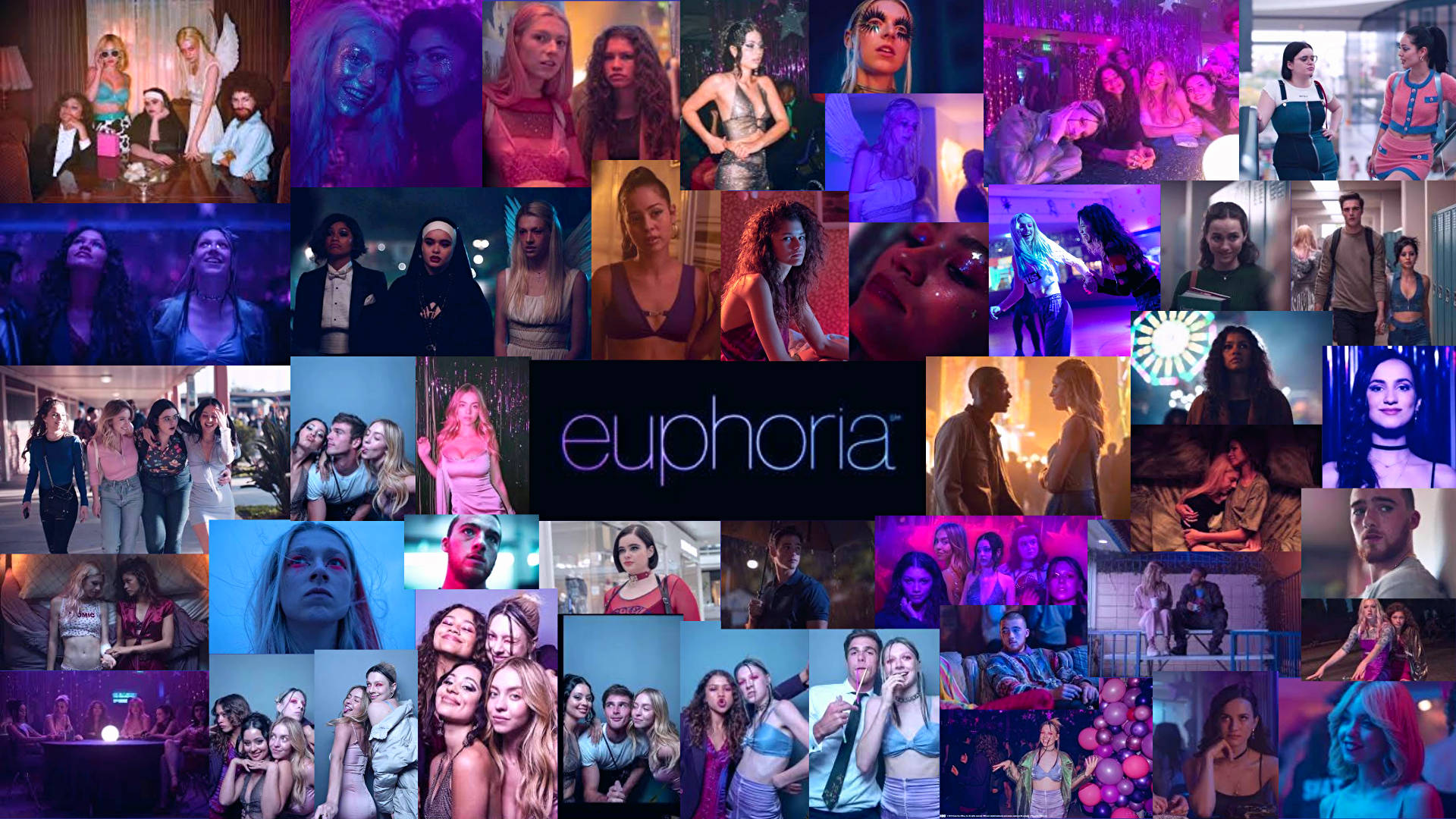 《Euphoria》電視劇拼貼畫，展示青少年在充滿活力的夜生活和情感時刻。