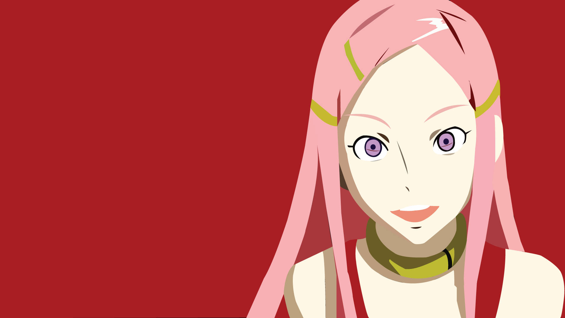 《Eureka Seven》Anemone極簡風格 壁紙 — 粉紅色頭髮和紫色眼睛的動漫女孩在純紅色背景上溫柔地微笑。