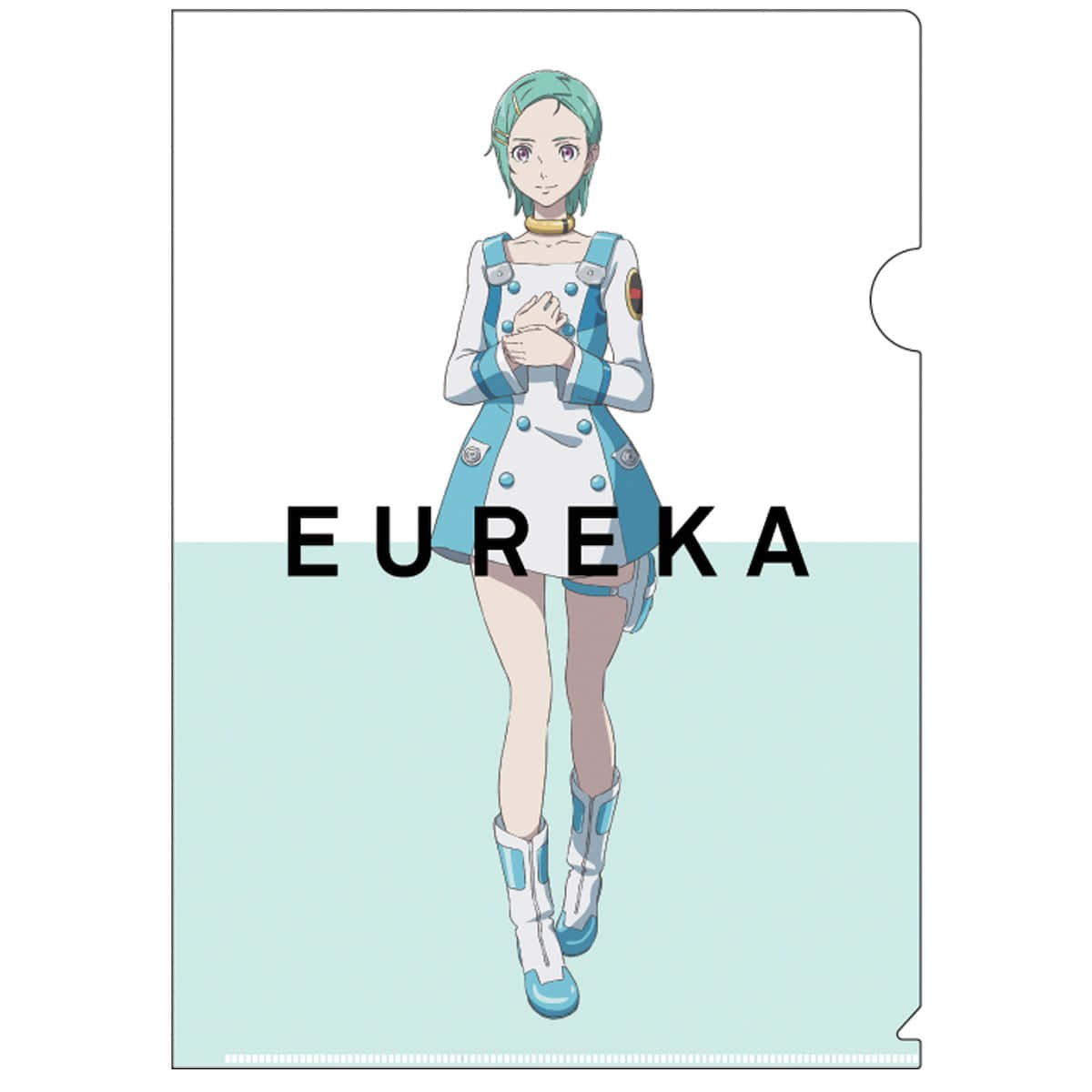 動漫角色Eureka身穿藍色和白色制服，並顯示她的名字。
