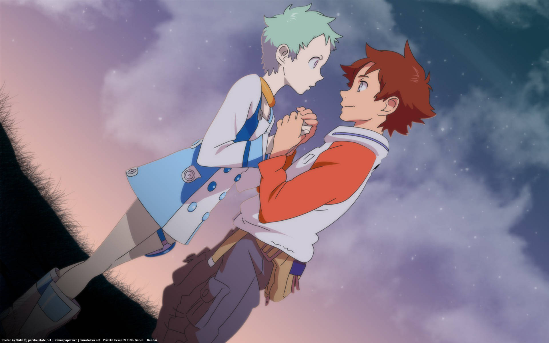 Eureka Seven 雷頓的愛 壁紙 — 兩個動漫角色喺繁星點點嘅黃昏天空漂浮，喺草地懸崖邊緣上面拖住手。
