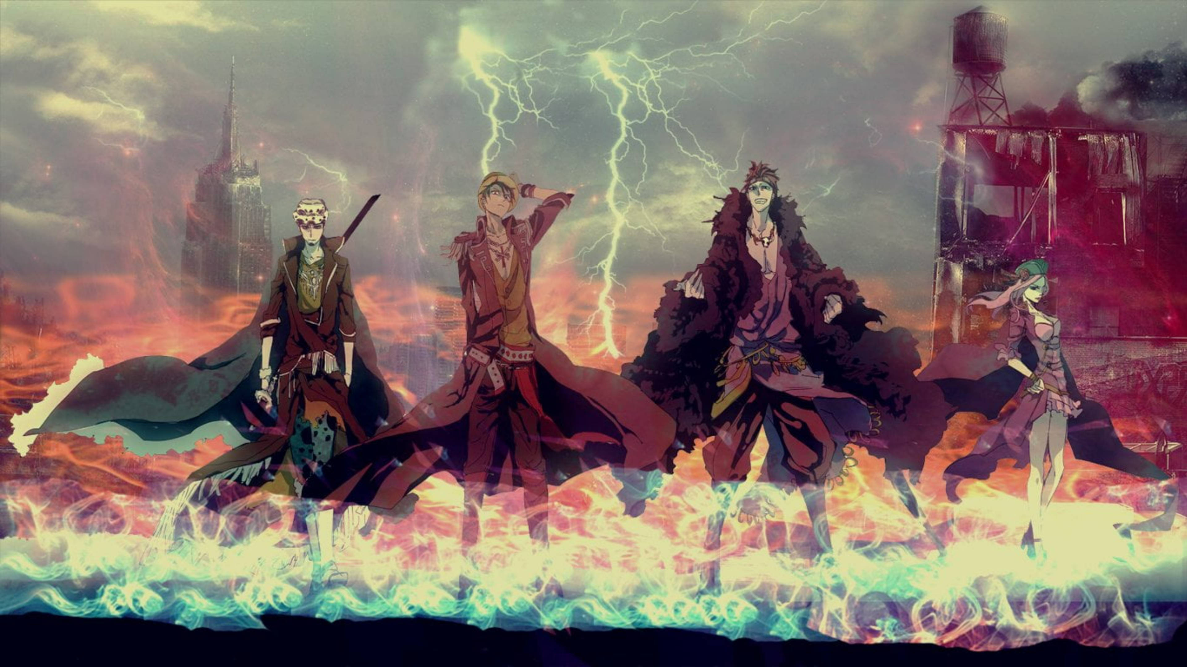 Eustass Kid 最差世代 雷光效果 壁紙 — 四個動漫角色挑釁地站在一個火光沖天、閃電交加、高樓大廈崩塌的都市廢墟中。