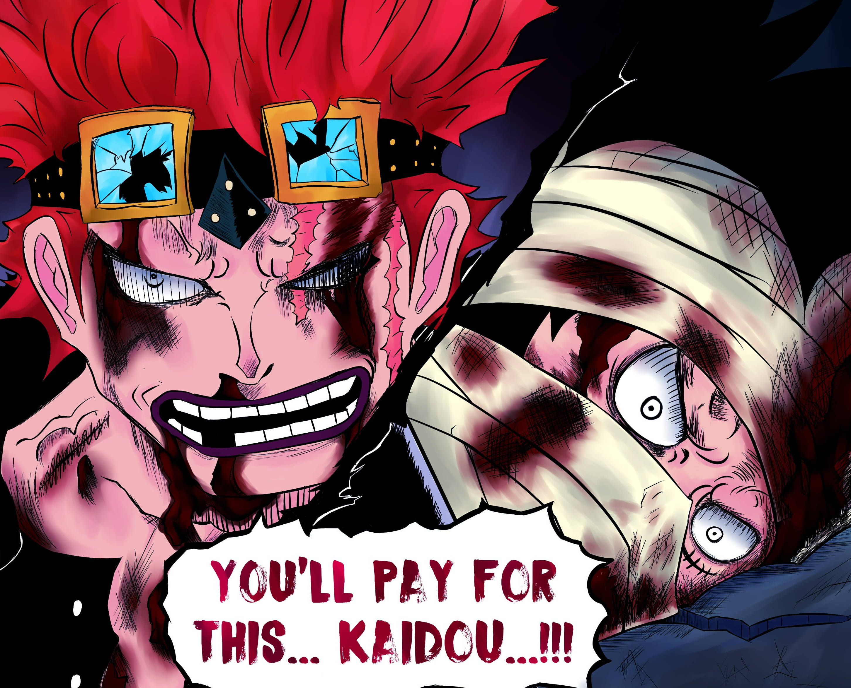 Eustass Kid 對抗凱多 壁紙 — 一個紅髮、戴著破眼鏡的動漫角色在戲劇性的對峙中，向一個纏著繃帶的對手發出威脅性的咆哮。