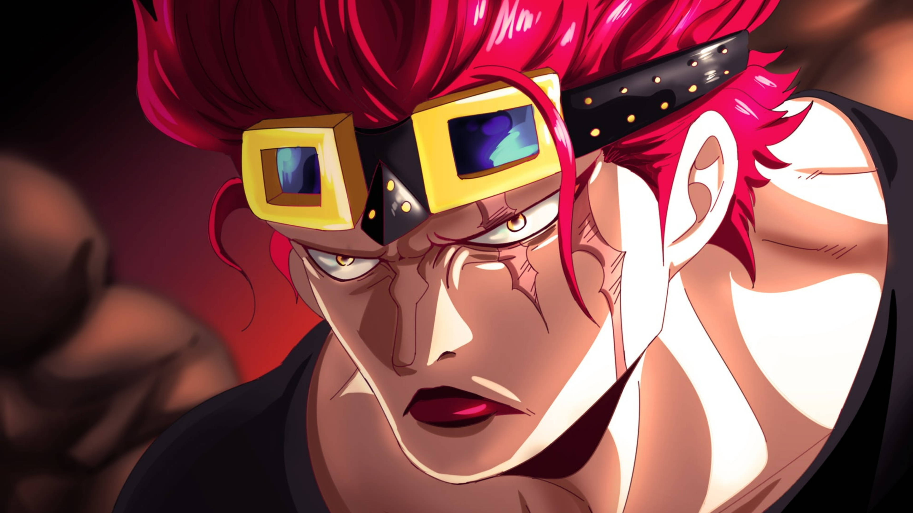 Eustass Kid 時間跳躍後特寫 壁紙 — 一個兇猛嘅動漫角色，有尖尖嘅粉紅色頭髮同黃色護目鏡，喺深紅色背景前強烈凝視。