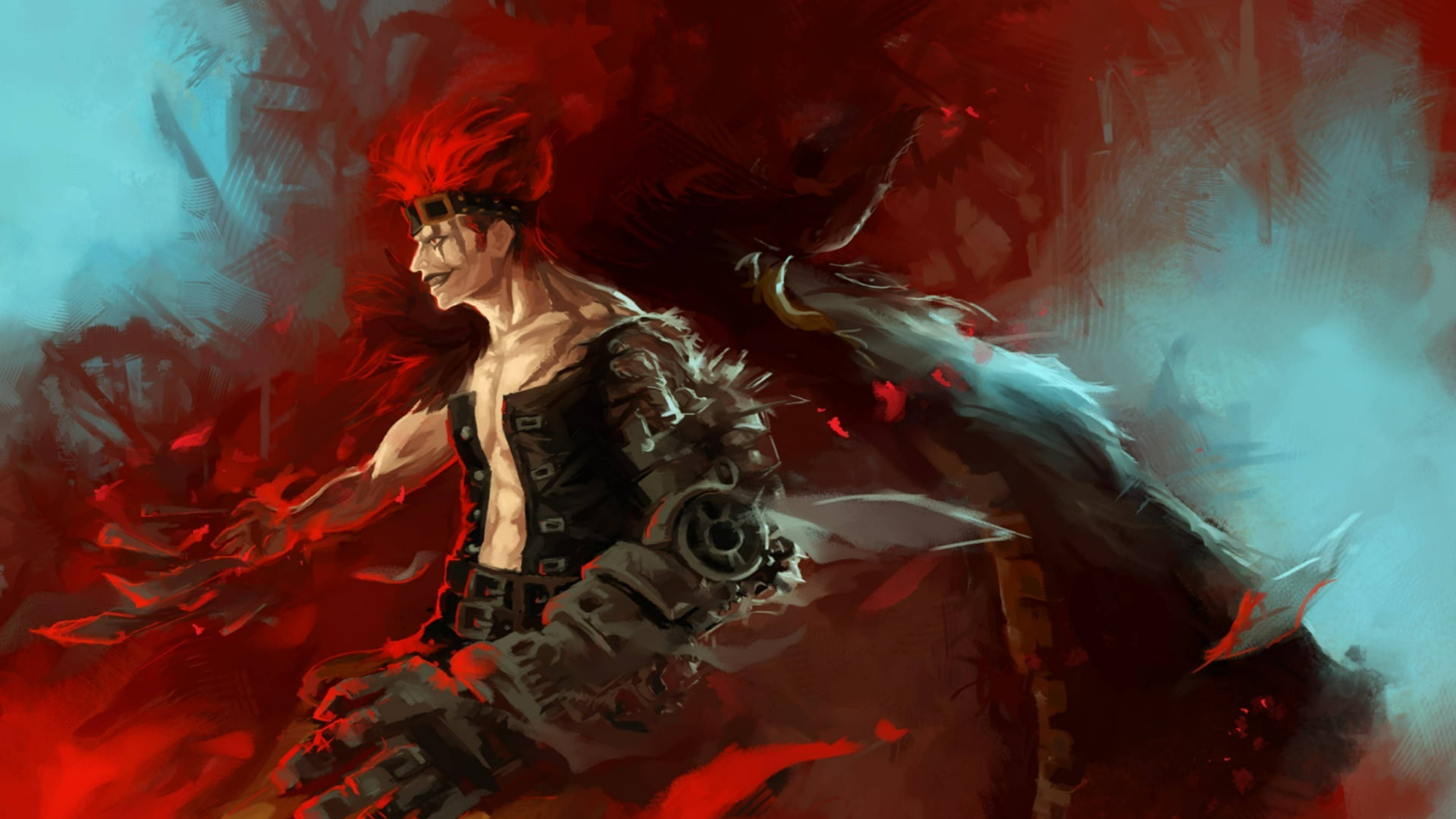 Eustass Kid 數位桌面 壁紙 — 一位紅髮戰士，擁有機械手臂和披風，在戲劇性的數位繪畫中劈開熾熱的戰場。