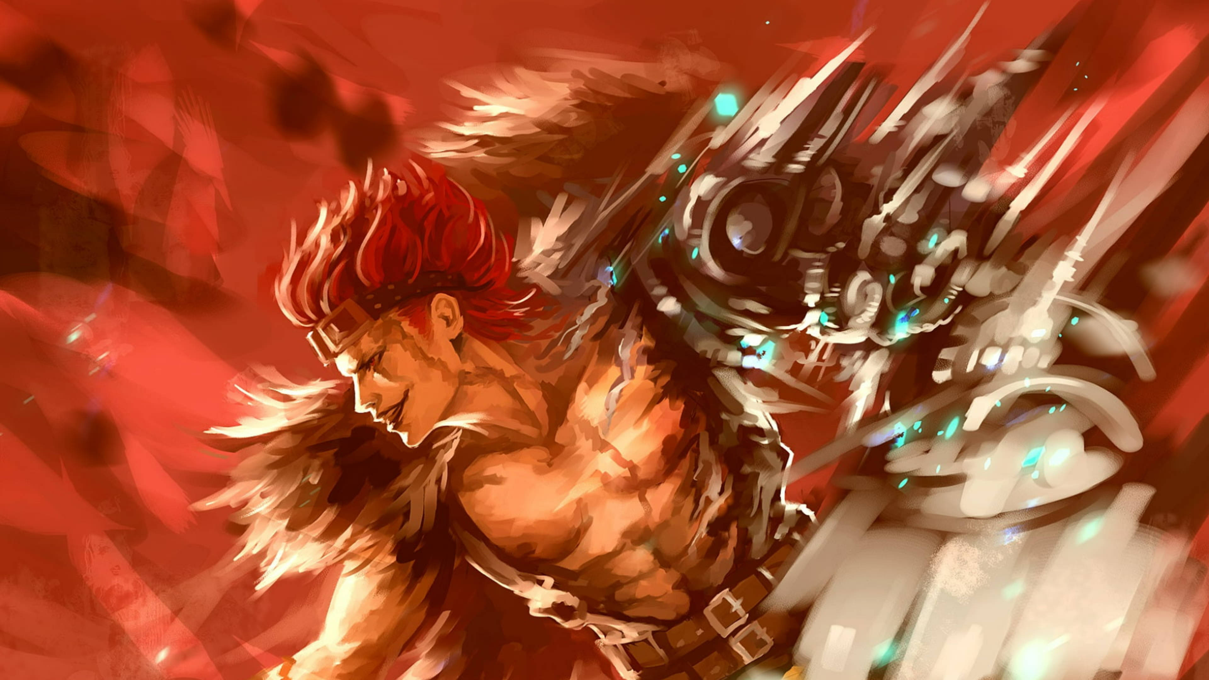 Eustass Kid 數位繪畫藝術 壁紙 — 一個肌肉發達的紅髮戰士在火紅背景下揮舞著發光的機械手臂。