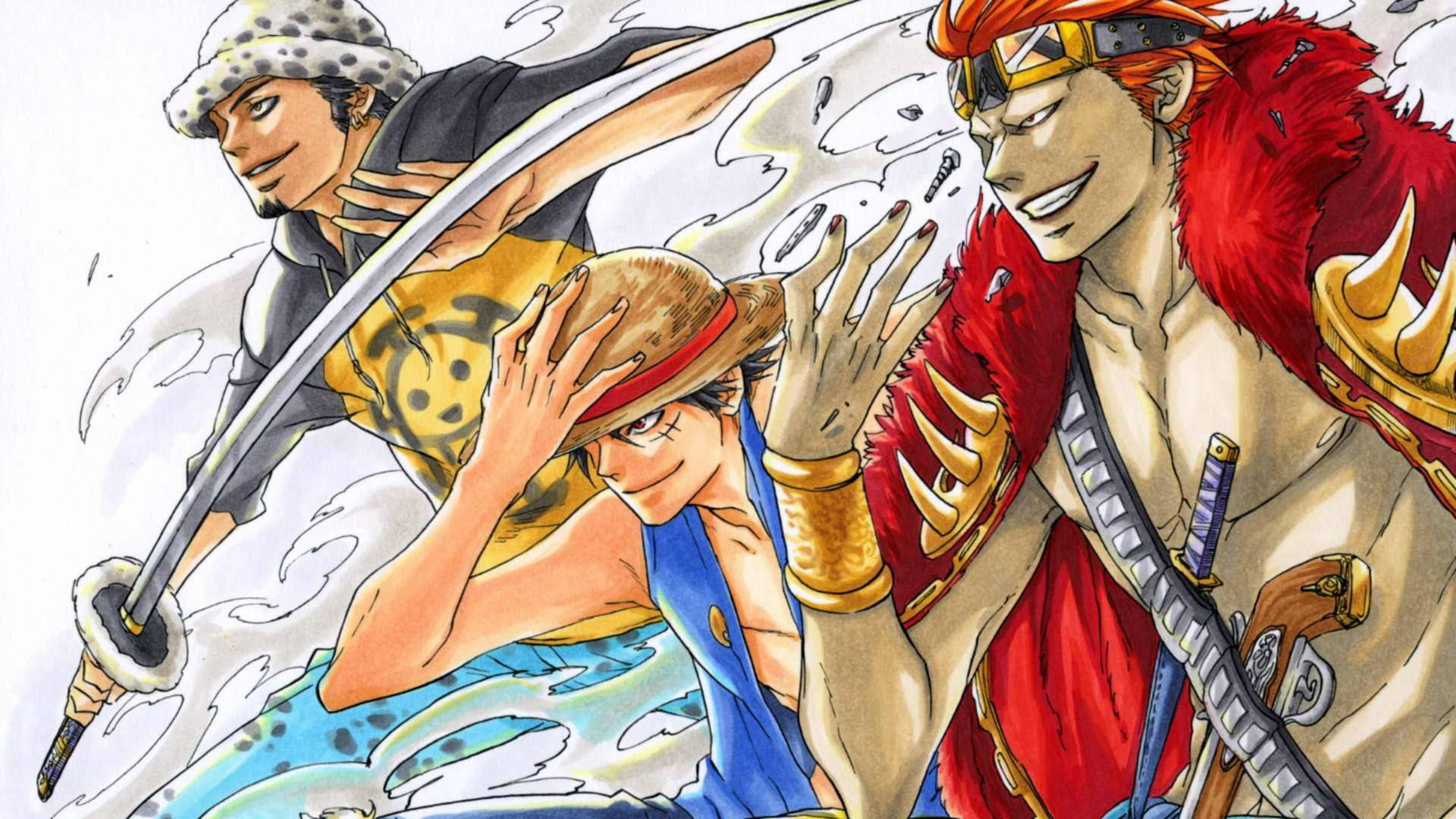 Eustass Kid、路飛與-law 繪畫 壁紙 — 三個動畫海盜在暴風雨的海景背景下用劍激烈戰鬥，表情兇猛。
