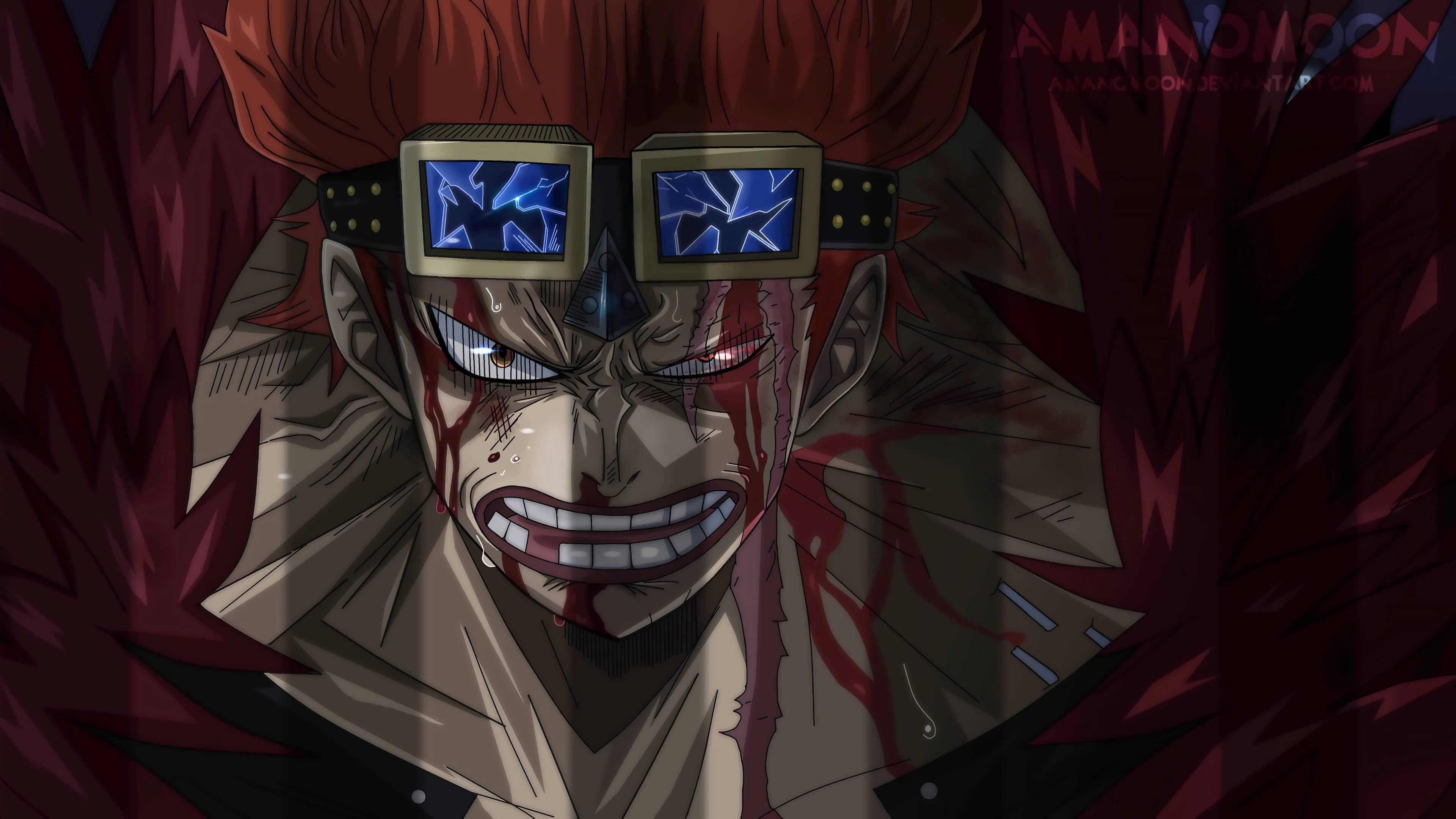 Eustass Kid 面部特寫 壁紙 — 一個兇猛的動漫角色，紅髮、護目鏡破裂，在血腥而激烈的特寫中齜牙咧嘴。