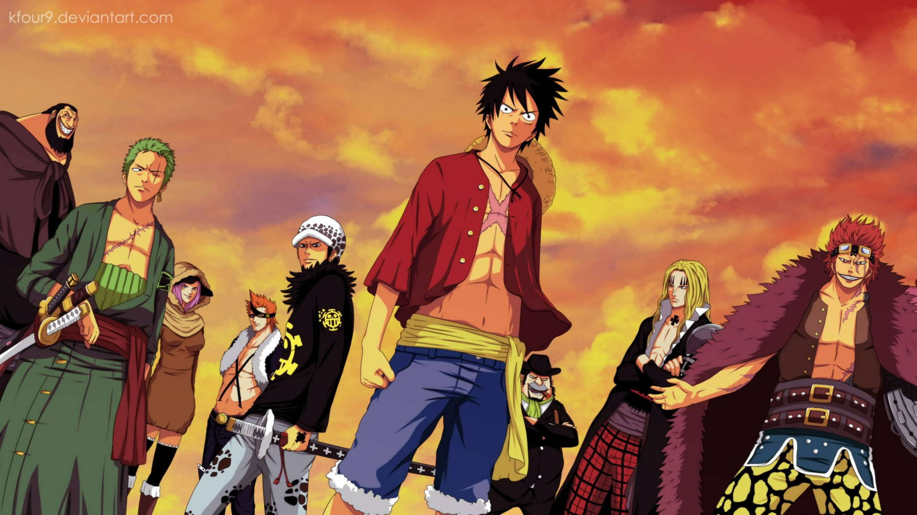 Eustass Kid、路飛、Law、索隆與哈維斯 壁紙 — 一群動畫海盜自信地站在火熱的橙色日落天空前。