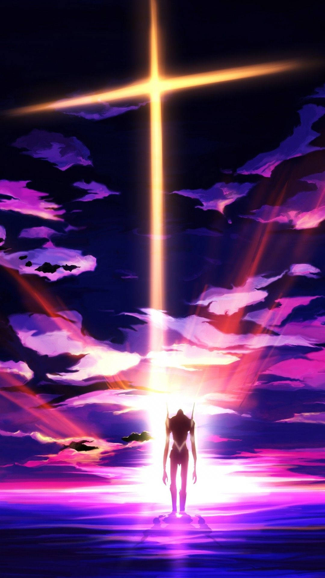 EVA-01《福音戰士》美學手機壁紙 壁紙 — 一個孤獨的人形身影站在水上，下方是穿透紫色和粉紅色暮色天空的燦爛金色十字架。