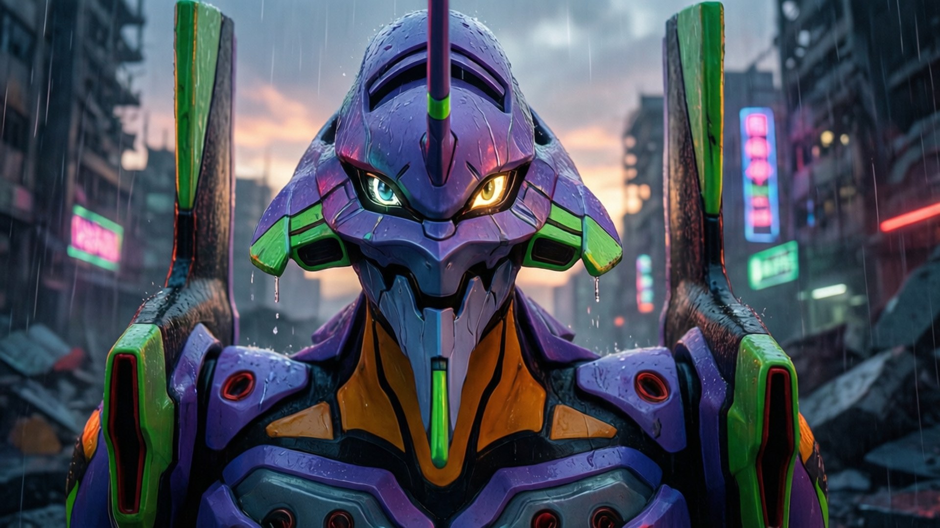 雨夜霓虹城市中的 Evangelion 機體，發光的眼睛