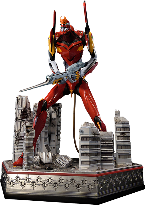福音戰士EVA Unit-01雕像 壁紙 — 一個紅黃色的Evangelion機體勝利地站在黑色背景的微型廢墟城市景觀之上。