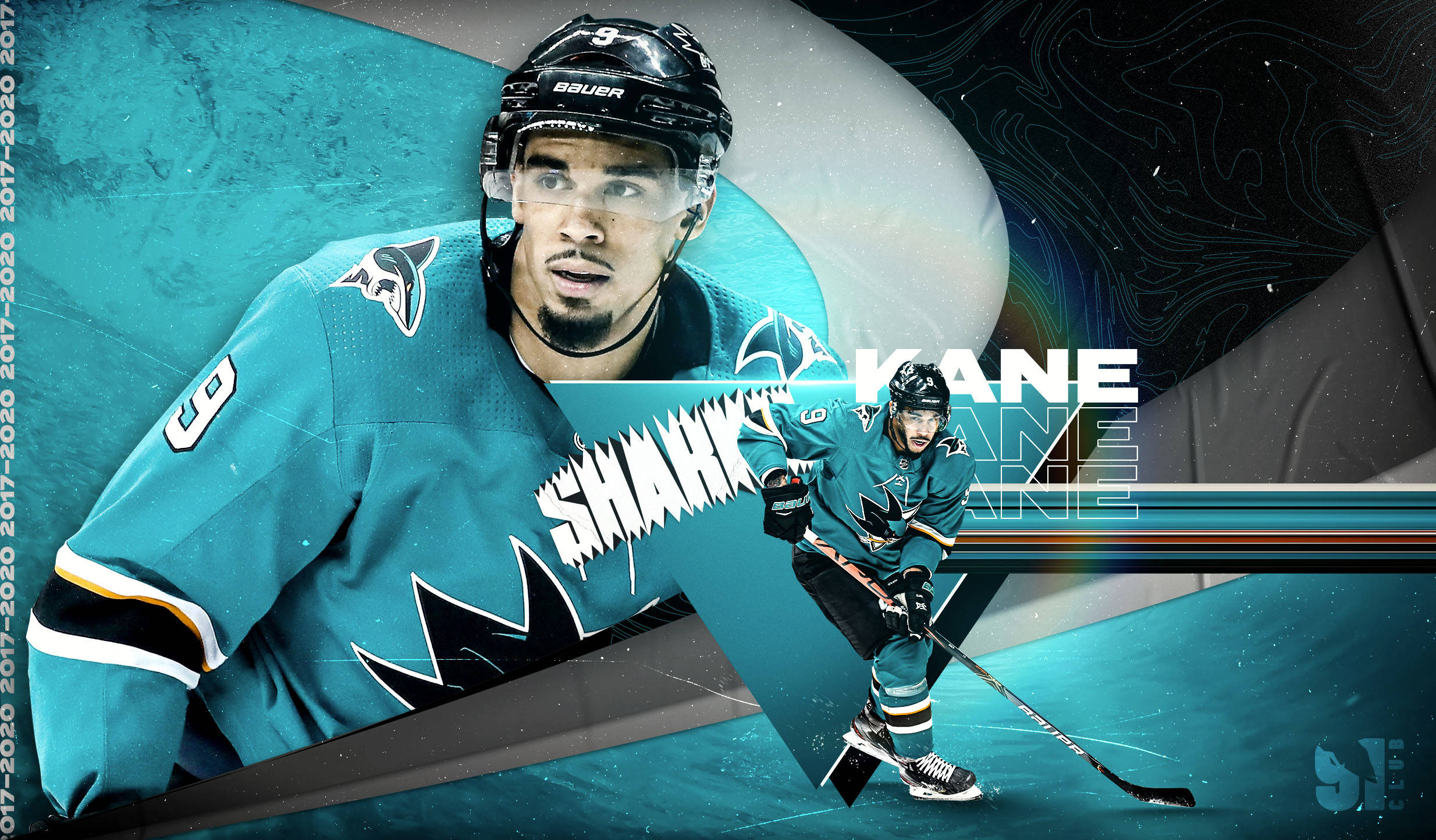 聖荷西鯊魚隊 Evander Kane 壁紙 — 一名充滿活力的冰球運動員身穿青色鯊魚隊球衣，在帶有發光青色和黑色點綴的風格化抽象背景前擺出強烈的姿勢。