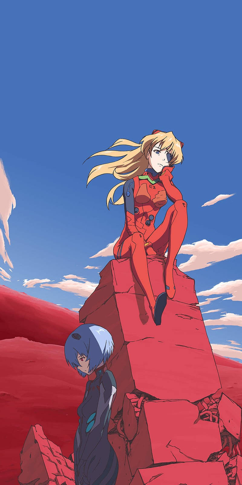 Evangelion 手機：將未來動畫科技帶入現代生活 壁紙 — 一位金髮動漫女孩穿著紅色緊身衣，坐在紅色廢墟上，頭頂是清澈的藍天，而一位藍髮女孩站在下方。