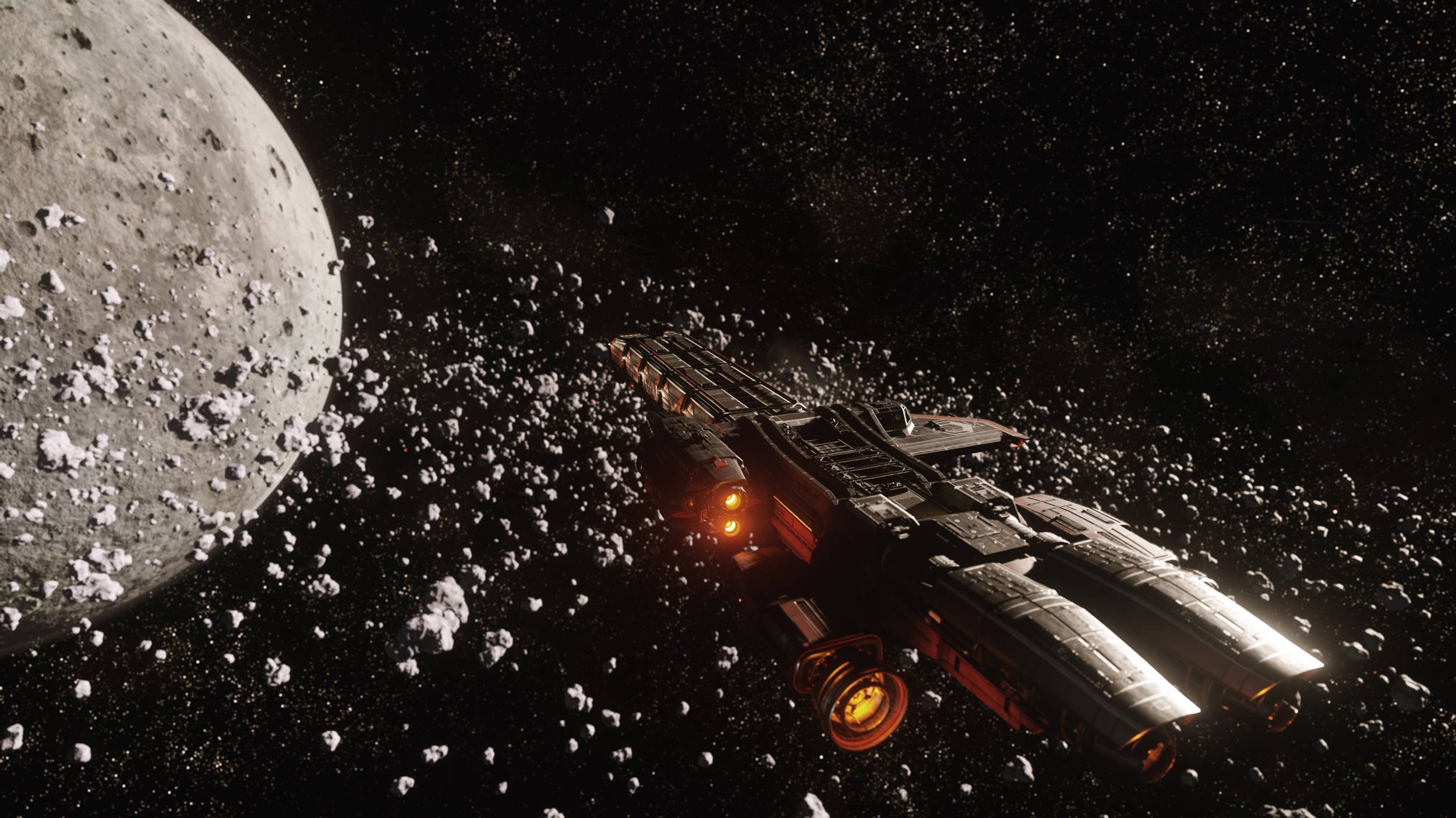 EVE Online 截圖 壁紙 — 一艘時尚的太空船在星空中穿越靠近佈滿隕石坑的月球的密集小行星帶。