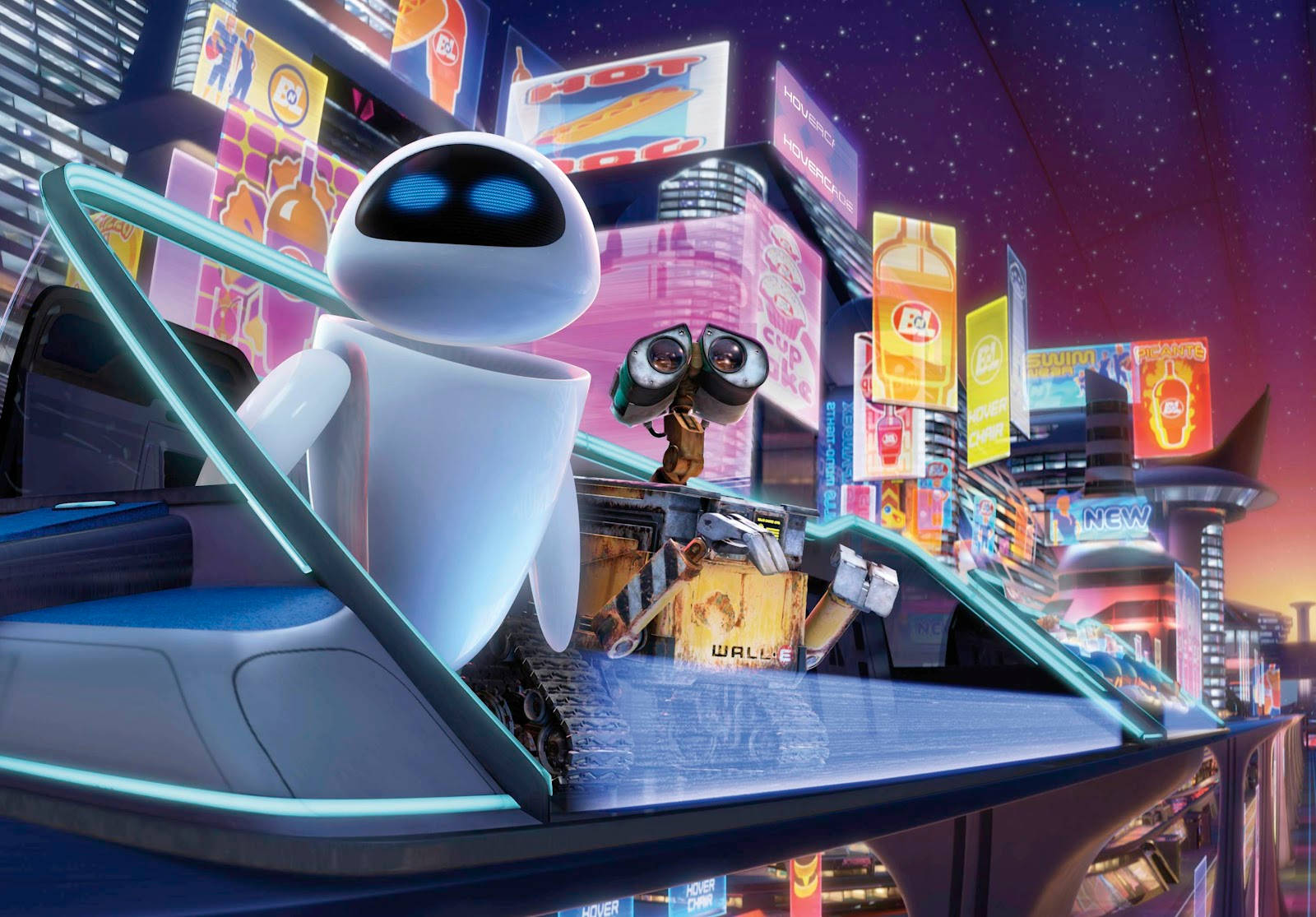 EVE 與 WALL-E 在城市中 壁紙 — 兩個動畫機械人坐在一輛未來風格的懸浮車中，背景是璀璨的霓虹燈城市景觀，上方是星光閃爍的暮色天空。