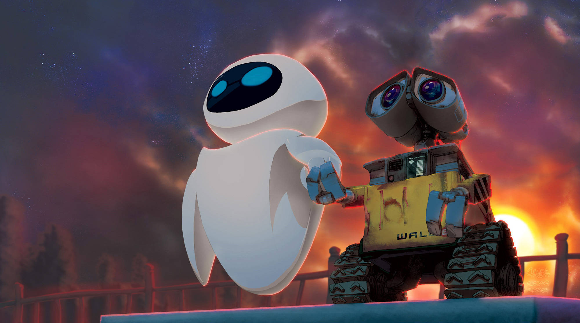 EVE 與 WALL-E 背對夕陽 壁紙 — 兩個動畫機械人在充滿星星和雲朵的 vibrant 日落天空下牽手。