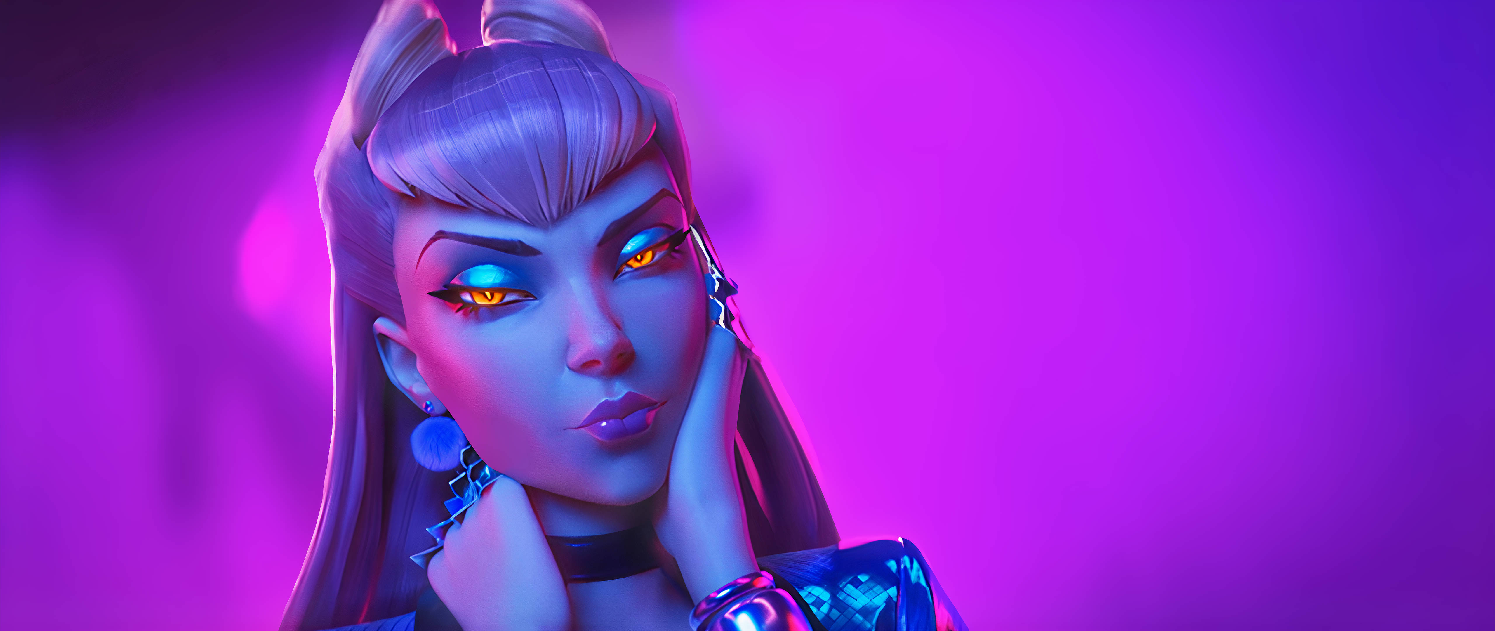 Evelynn 在 K/DA More MTV 感受樂趣 壁紙 — 一個風格化的動漫女孩，擁有發光的眼睛和紫色頭髮，在充滿活力的霓虹紫色背景前擺姿勢。