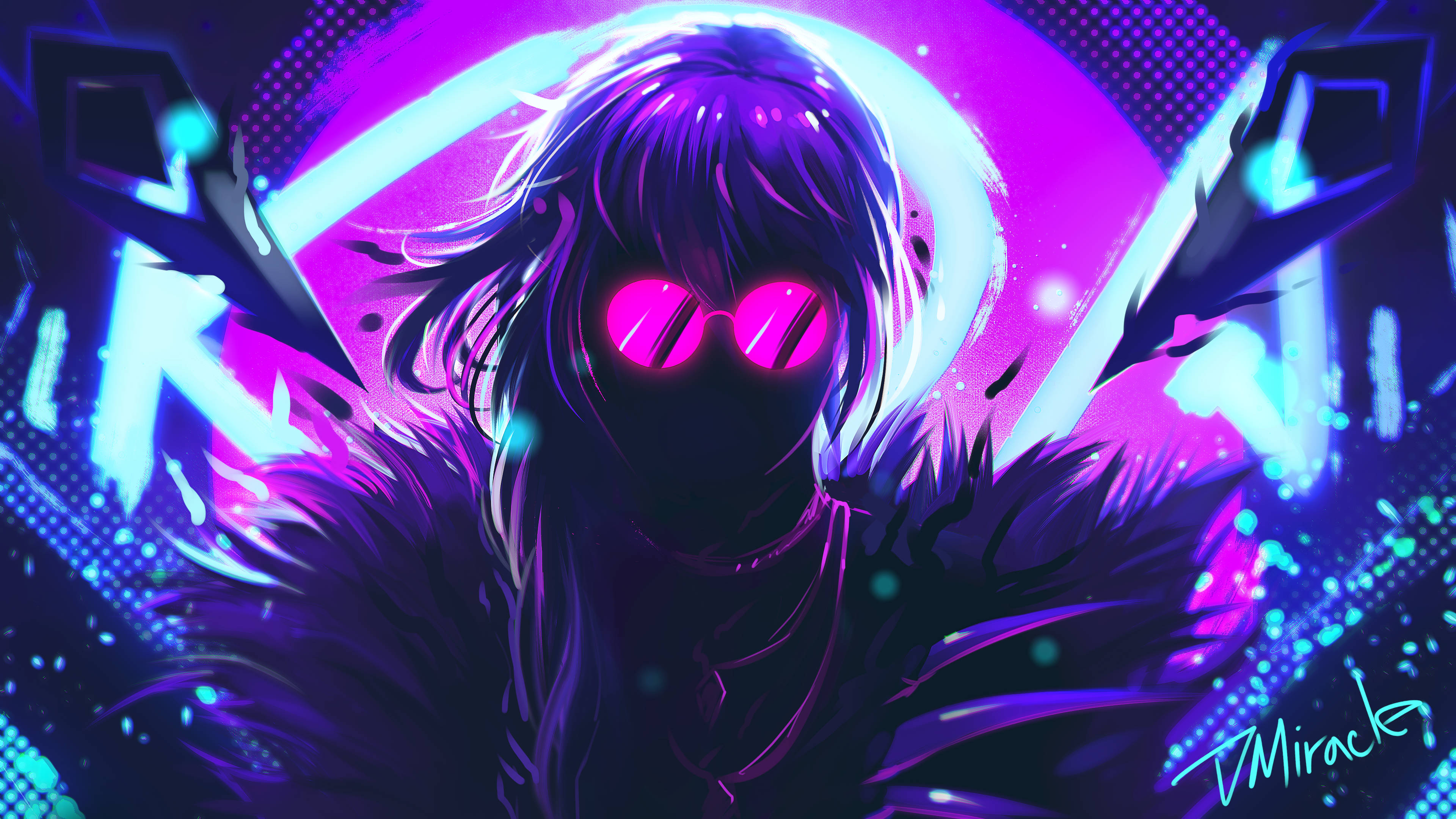 Evelynn《英雄聯盟》酷炫同人畫 壁紙 — 一個擁有發光粉紅色眼睛和紫色頭髮的賽博龐克動漫人物站在霓虹燈照亮的數位背景前。