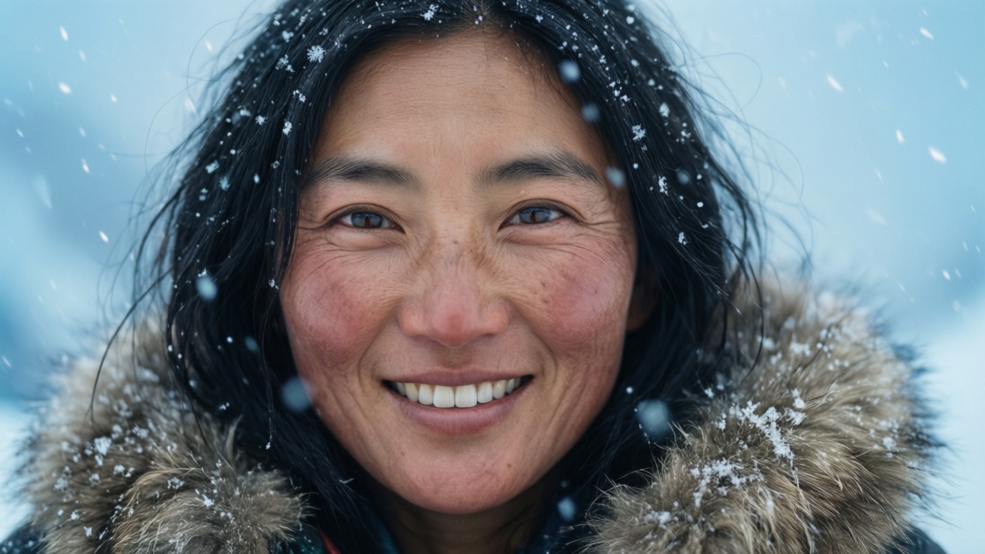 一位微笑的女子在雪景冬日場景中，穿著毛領大衣，頭髮和肩膀上沾有雪花。