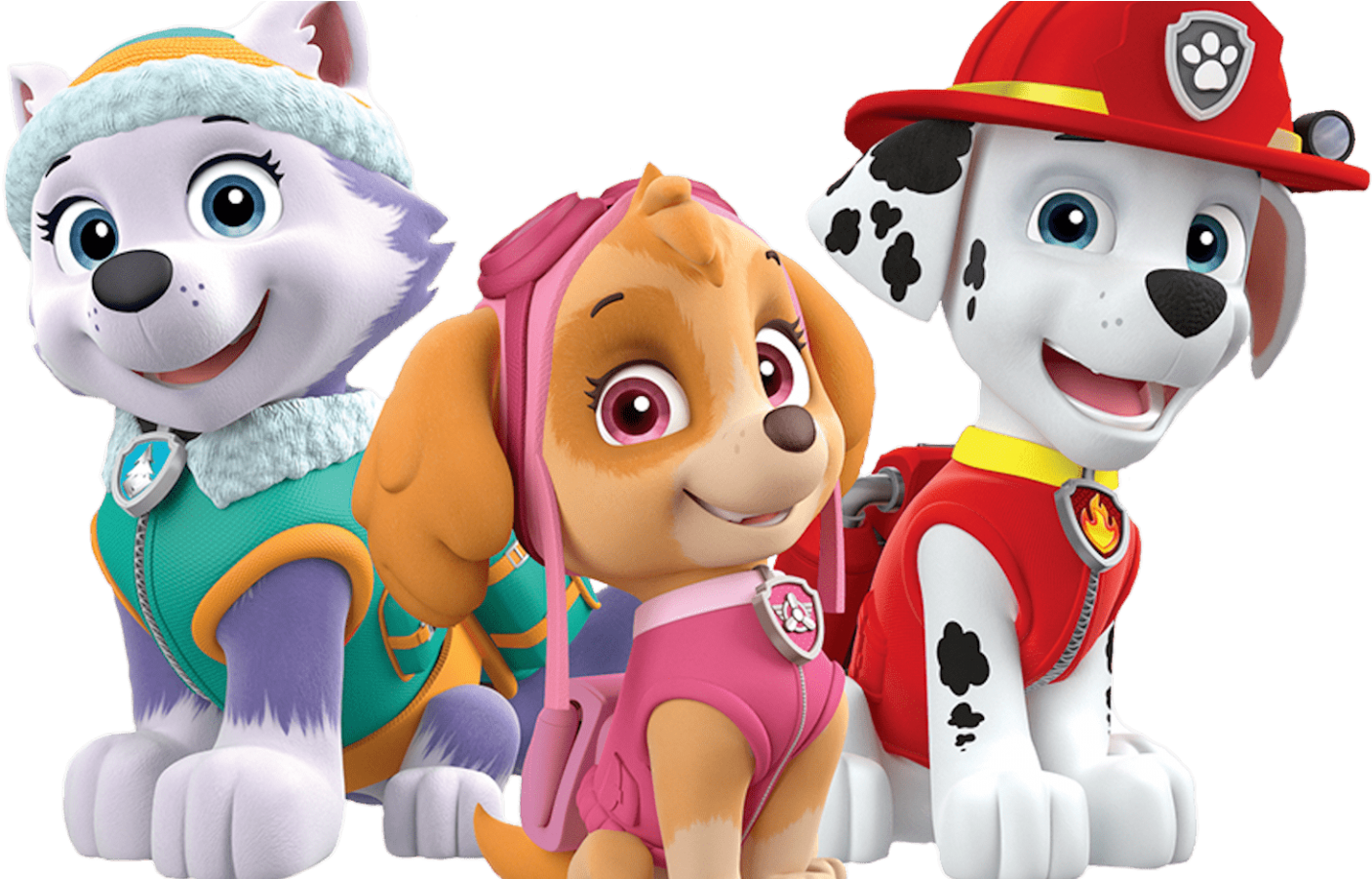 汪汪隊角色 Everest、Skye 與 Marshall 壁紙 — 三隻穿著色彩繽紛裝備的開心Paw Patrol小狗在黑色背景上燦爛微笑。