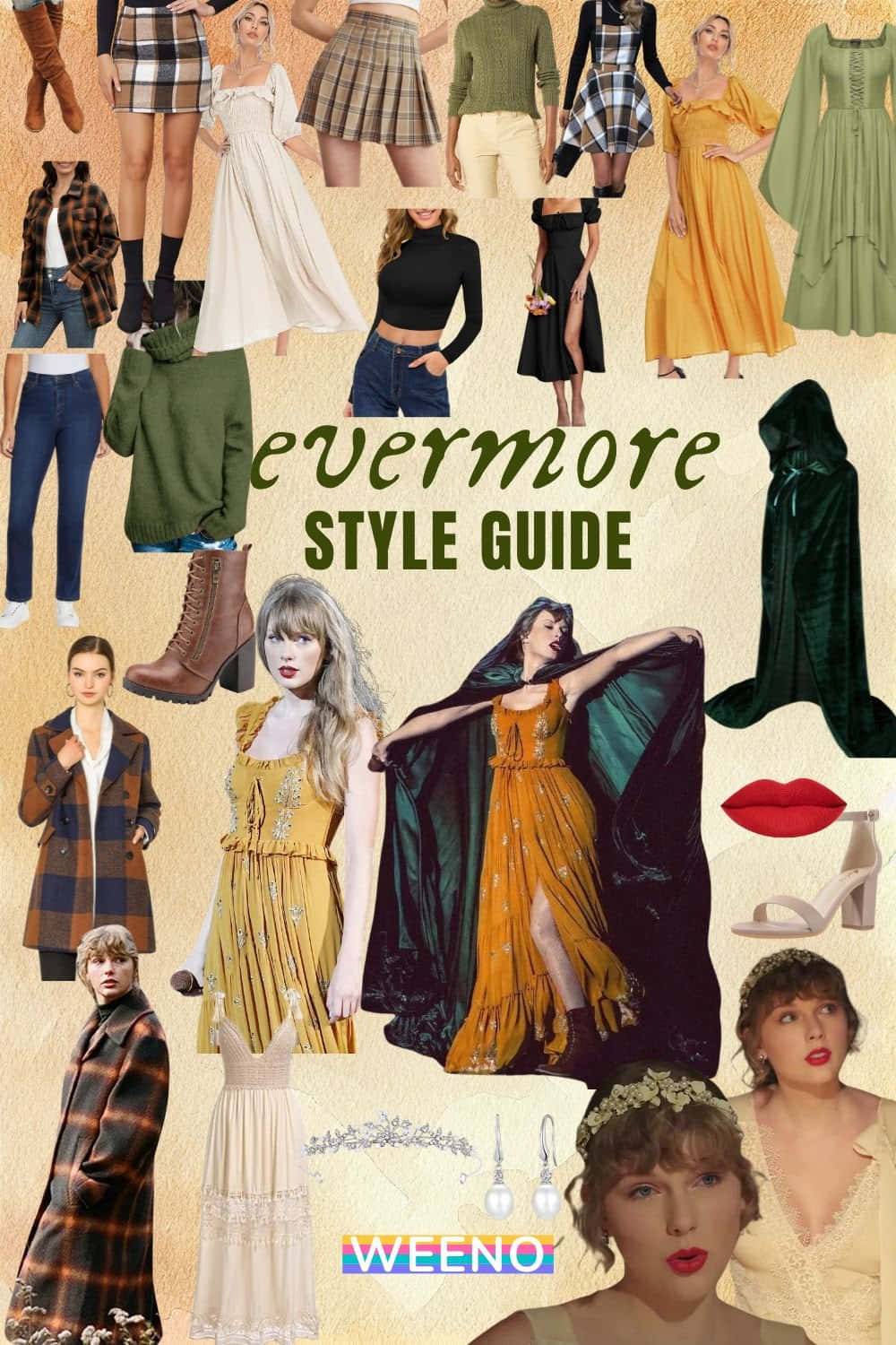 《Evermore》靈感時尚指南 壁紙 — 以大地色調和復古氛圍的Evermore主題風格化的時尚單品和Taylor Swift照片的充滿活力的拼貼畫。