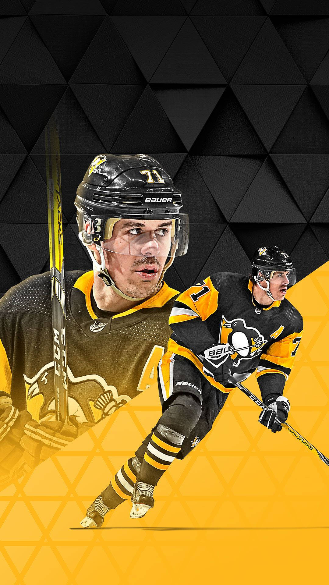 Evgeni Malkin 几何三角形海報藝術 壁紙 — 兩名身穿黑色和金色球衣的冰球運動員在幾何黑色和黃色背景前動態滑行。