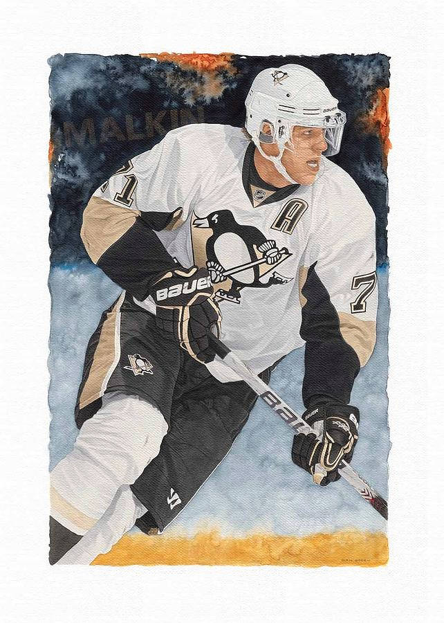 冰球運動員 Sidney Crosby 身穿企鵝隊制服，手持球桿溜冰