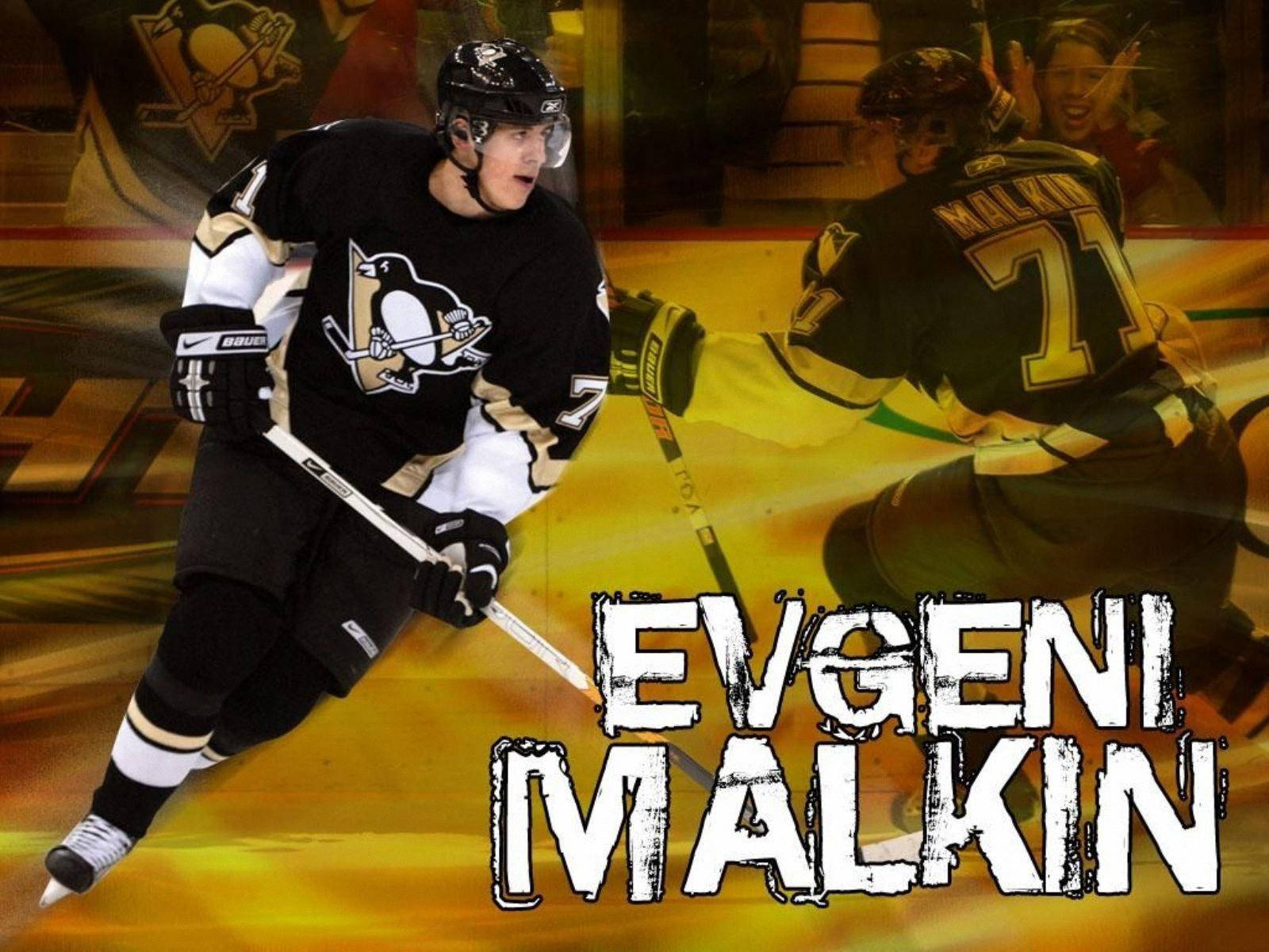 Evgeni Malkin 匹茲堡企鵝隊姓名藝術海報 壁紙 — 冰球運動員 Evgeni Malkin 身穿黑色和金色球衣，在冰上動感滑行，背景有隊友。