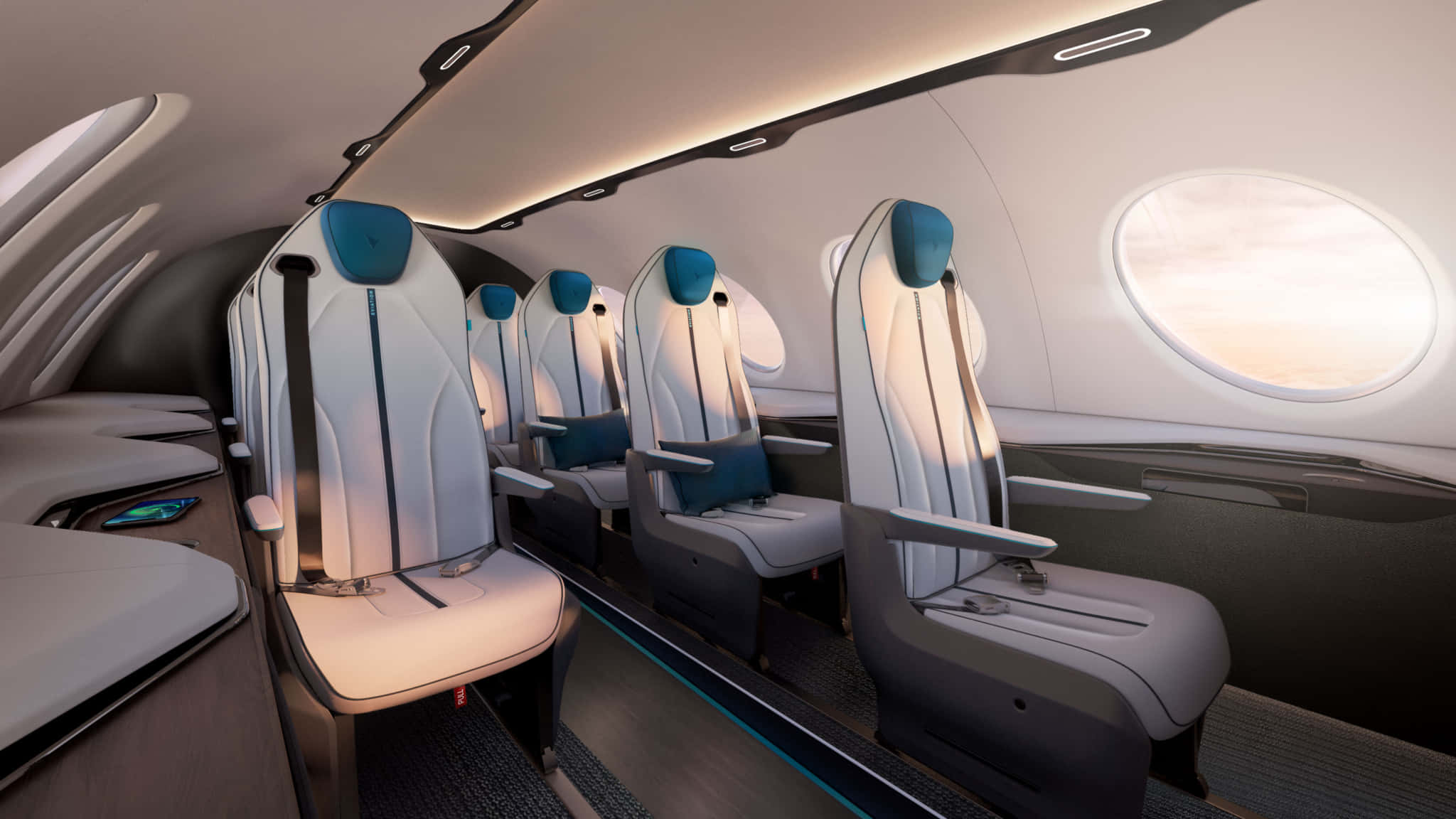 Eviation Alice飛機模型內部空座位 壁紙 — 豪華私人飛機內部，白色皮革座椅搭配藍色點綴，沐浴在溫暖的環境燈光中。