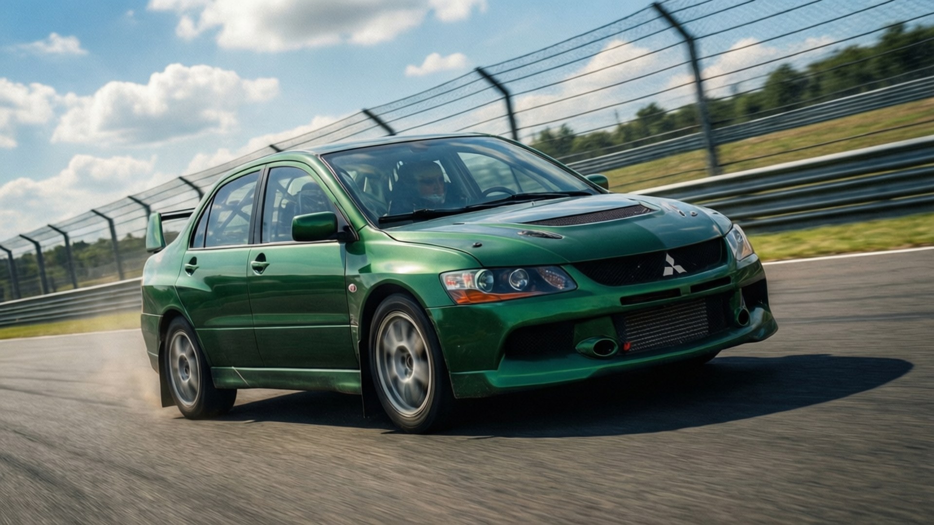 綠色三菱Lancer Evolution在晴朗天空下的賽道上疾馳。