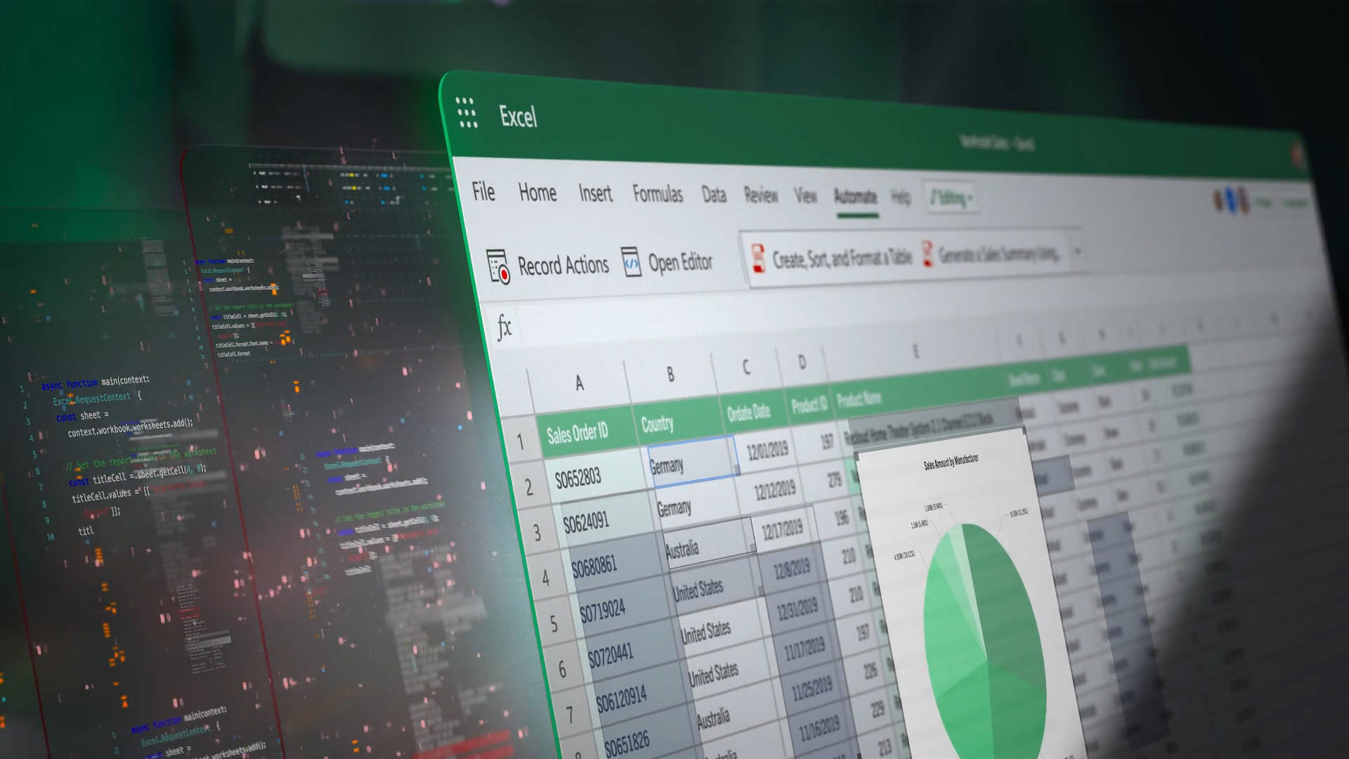 Excel Microsoft 視窗分頁 壁紙 — Excel 試算表的特寫，包含銷售數據和圓形圖，疊加在模糊的發光代碼背景上。