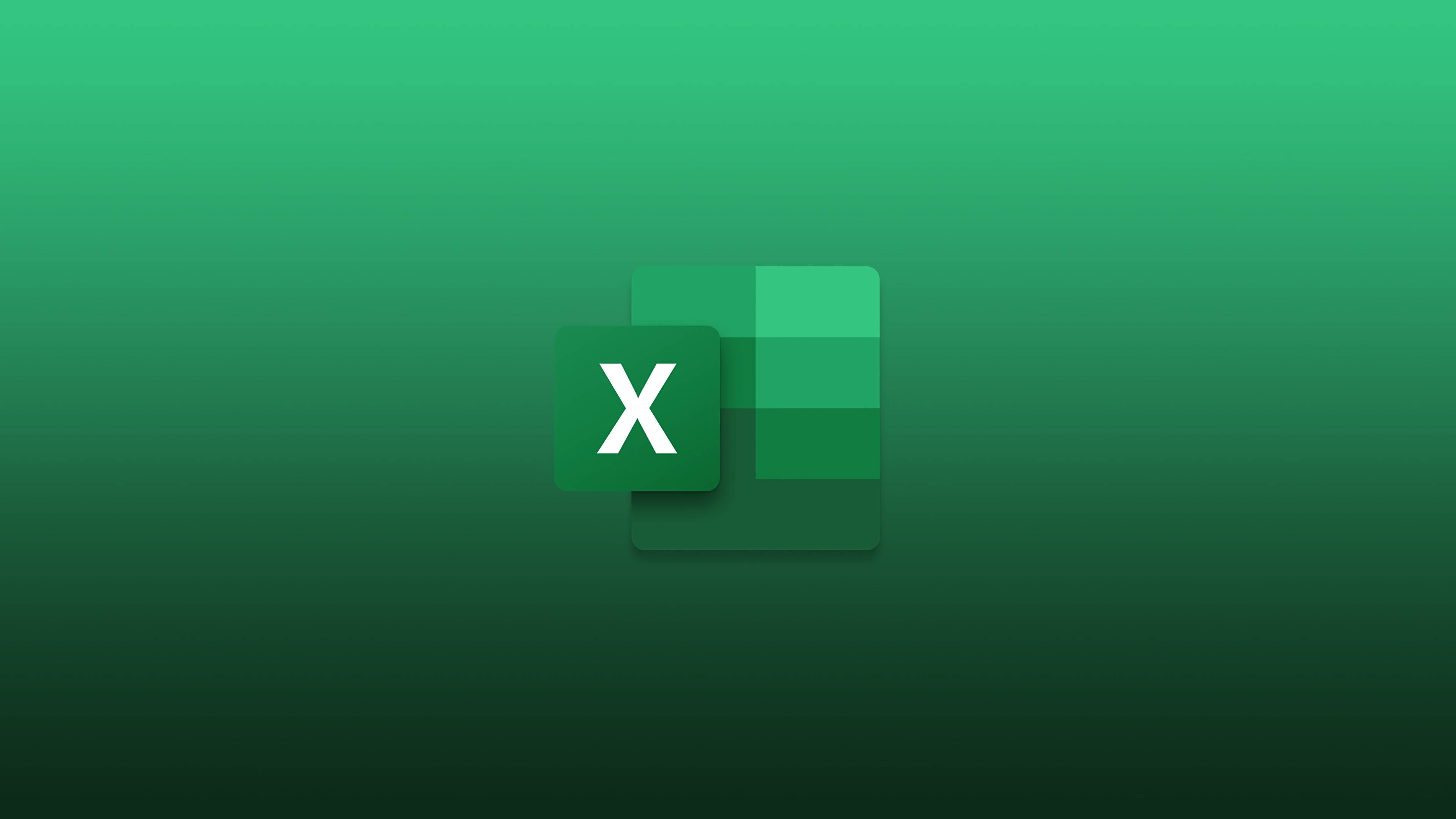 Excel Microsoft Office 2019 圖標 壁紙 — Microsoft Excel 標誌居中於漸變綠色背景上，帶有柔和陰影和分層方形設計。