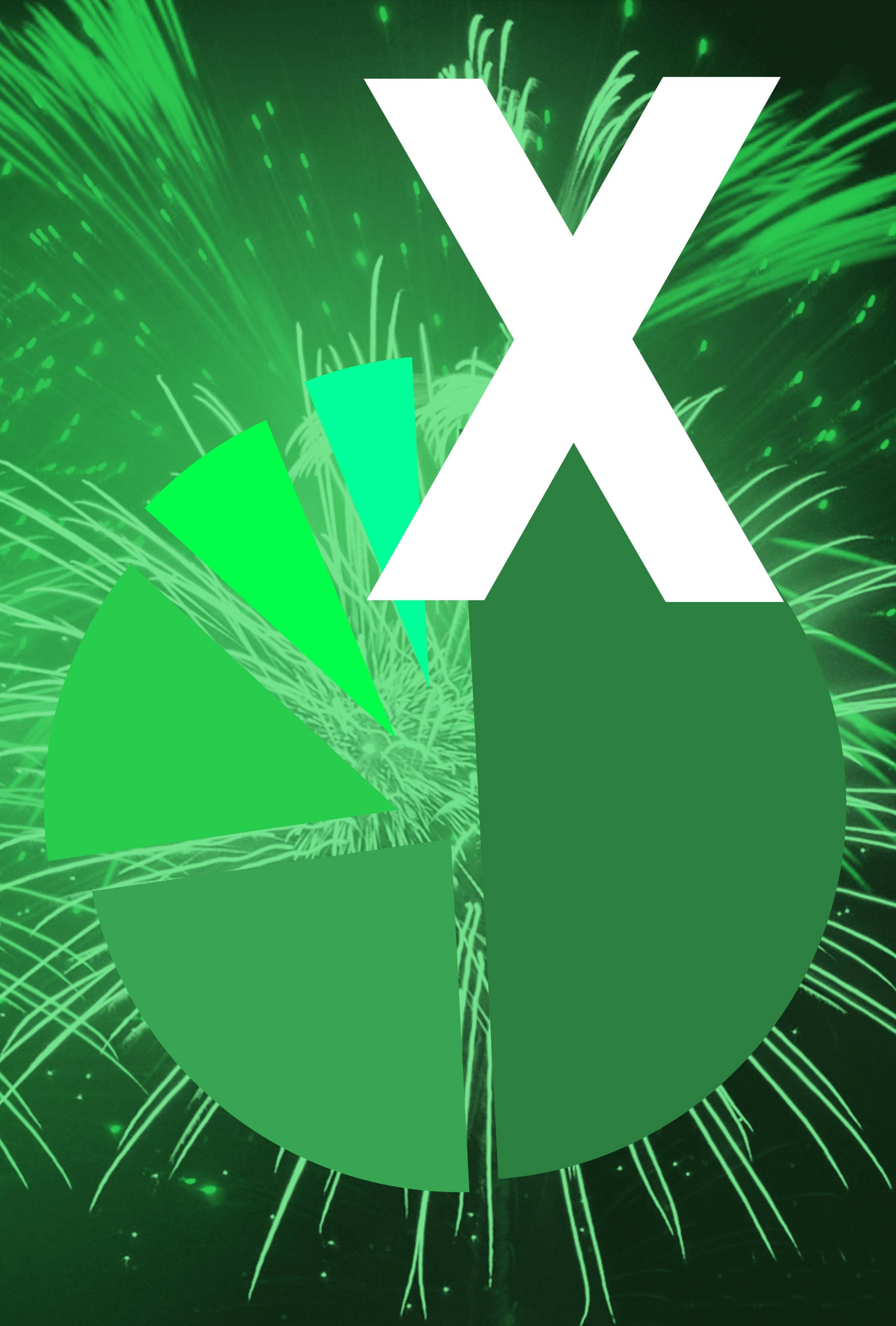 Excel Microsoft X 標誌 壁紙 — 一個大膽的白色X疊加在綠色圓形圖形上，背景是充滿活力的綠色煙花。
