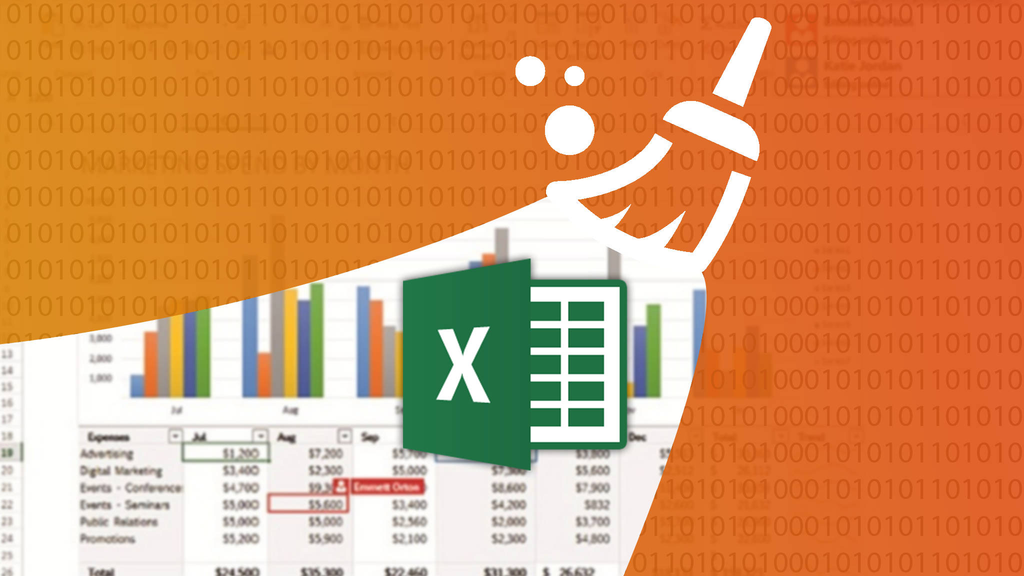 Excel Microsoft 桌面圖標 壁紙 — 一個風格化的白色畫筆圖示疊加在一個帶有彩色長條圖的Microsoft Excel試算表上，背景為二進位碼。
