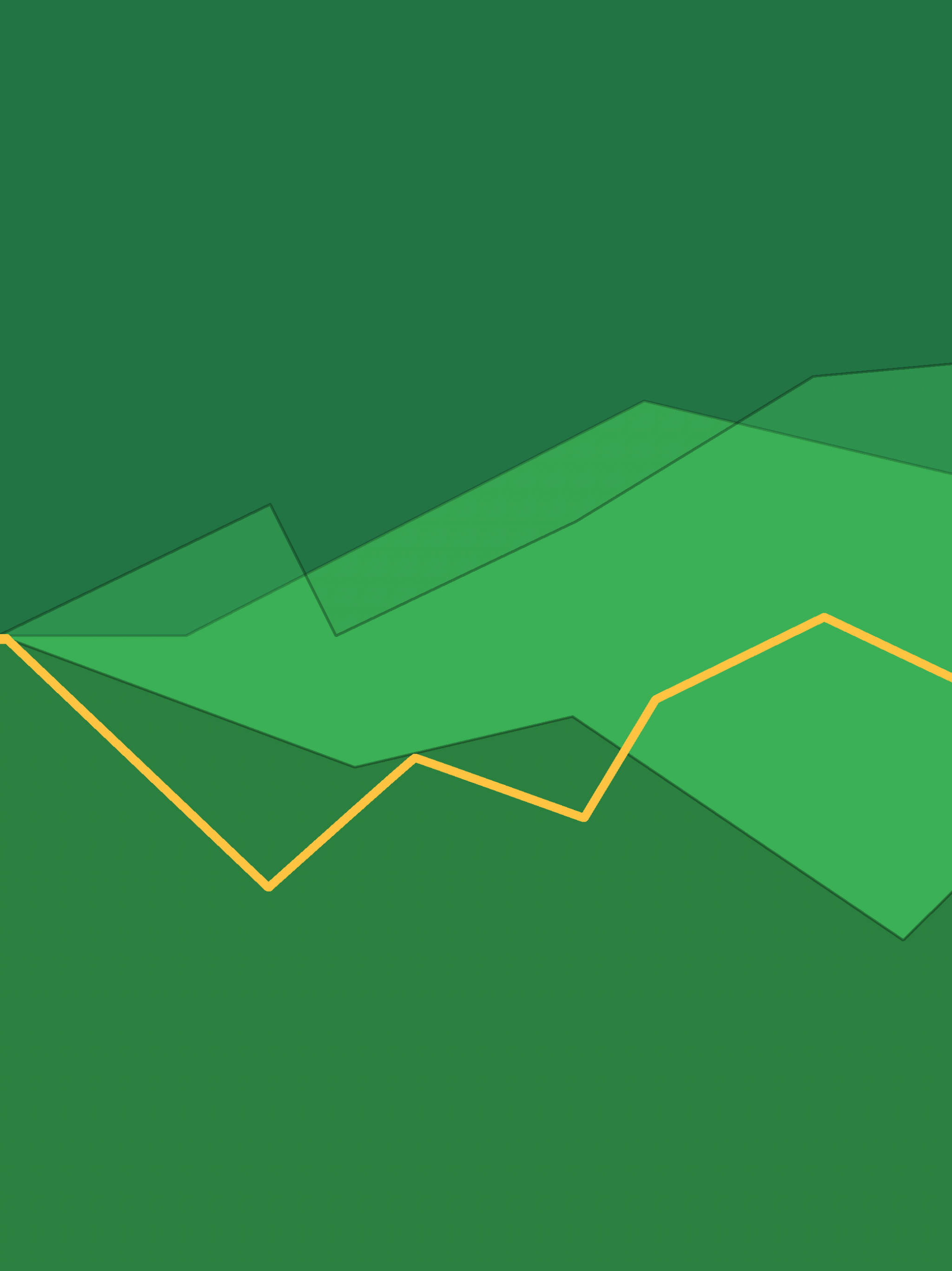 Excel 極簡線圖 壁紙 — 抽象幾何山脈，以不同深淺的綠色呈現，並以粗體黃色線條勾勒，背景為純綠色。