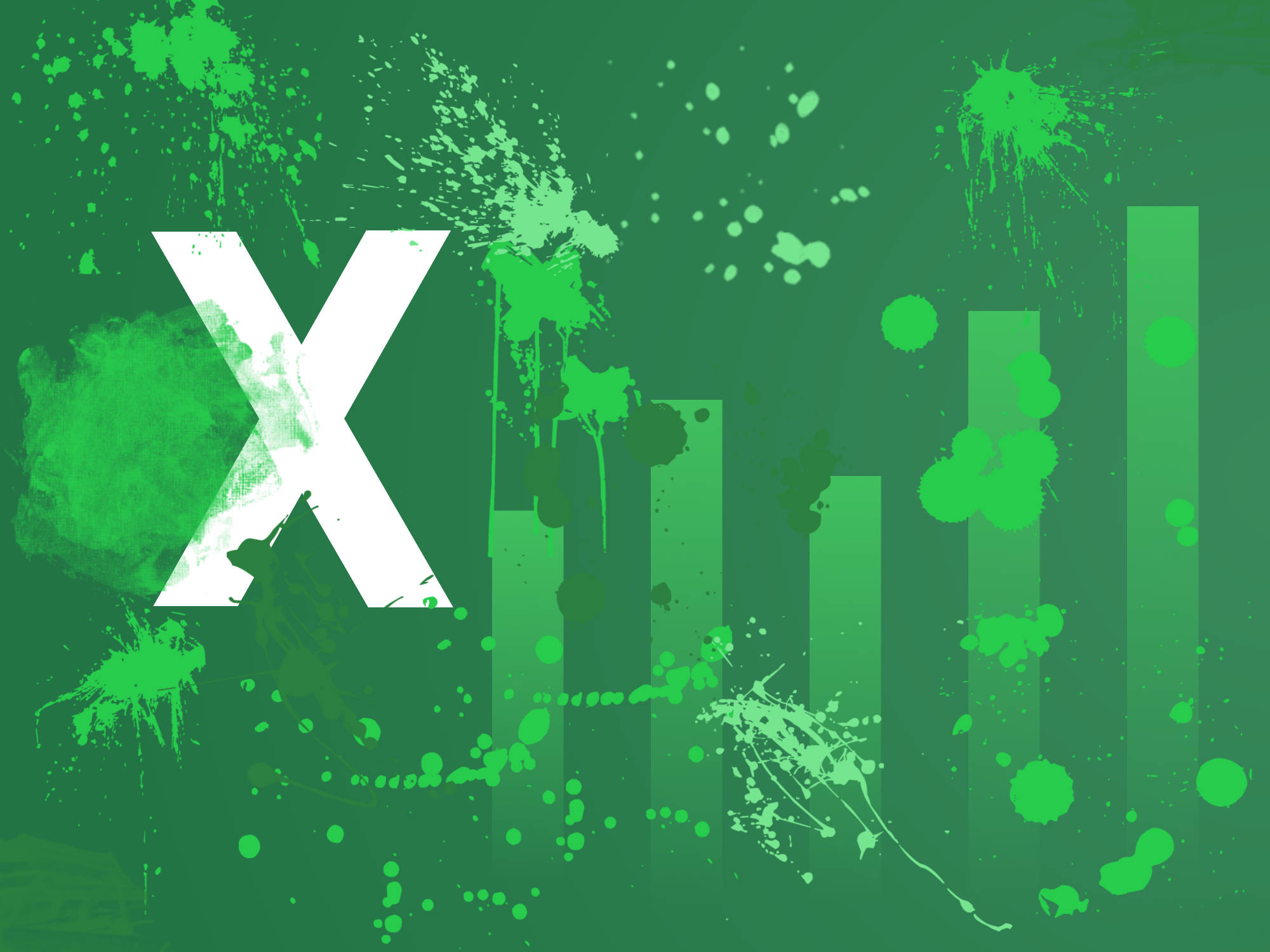 Excel 畫筆飛濺 X 標誌 壁紙 — 一個大膽的白色「X」主導了充滿活力的綠色背景，上面濺滿了動態的油漆滴和抽象條形。