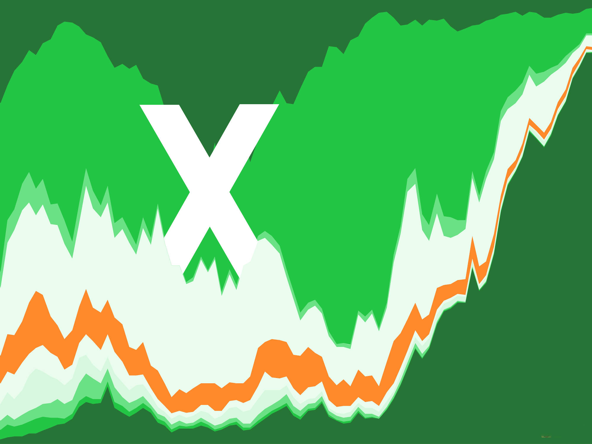 Excel 美術風格 X 標誌 壁紙 — 一個風格化的綠色和橙色山脈在深綠色背景上形成一個大的白色X。