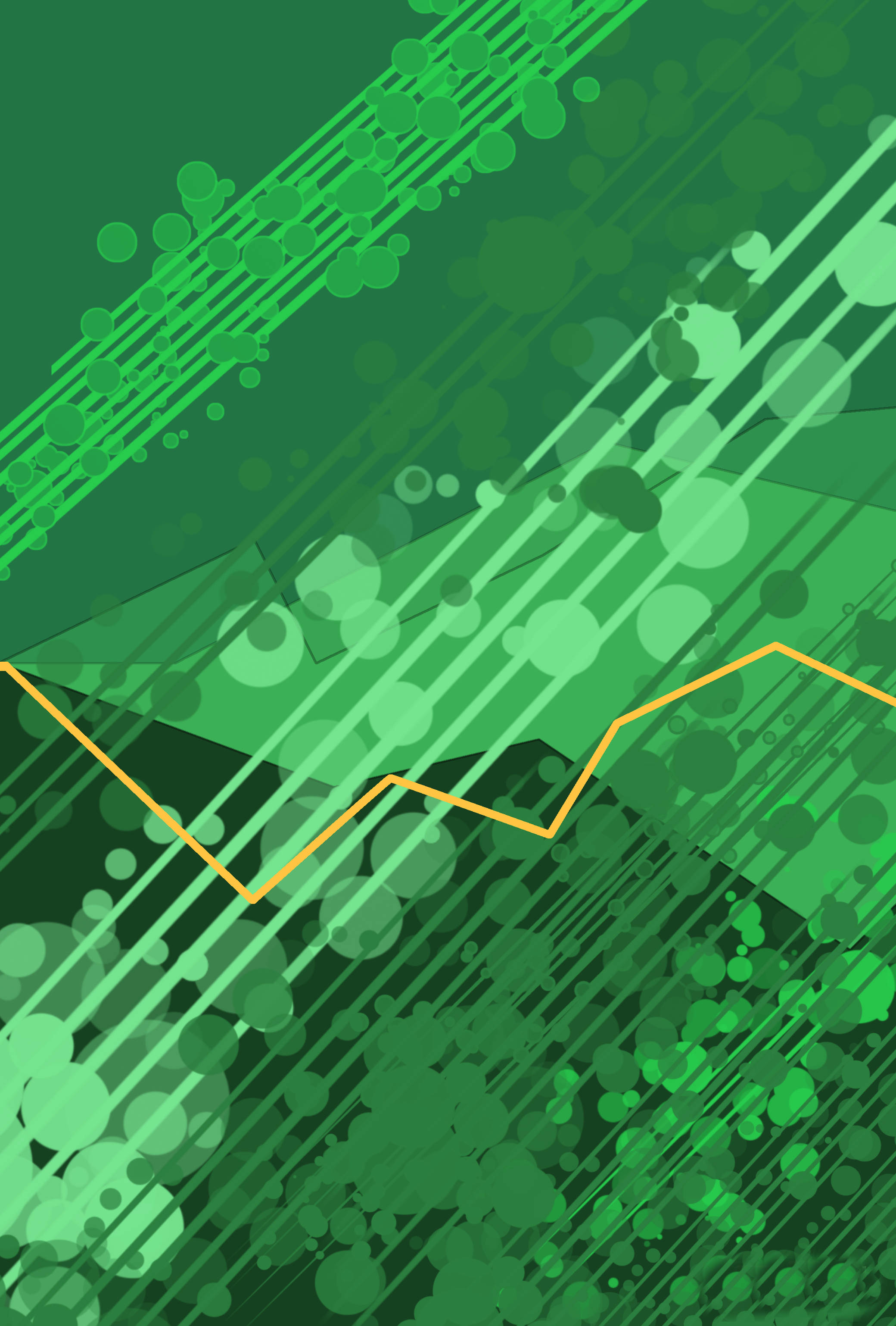 Excel 黃色線圖 壁紙 — 充滿活力的綠色抽象數碼藝術，帶有發光的線條、圓圈和一條大膽的黃色鋸齒形路徑。