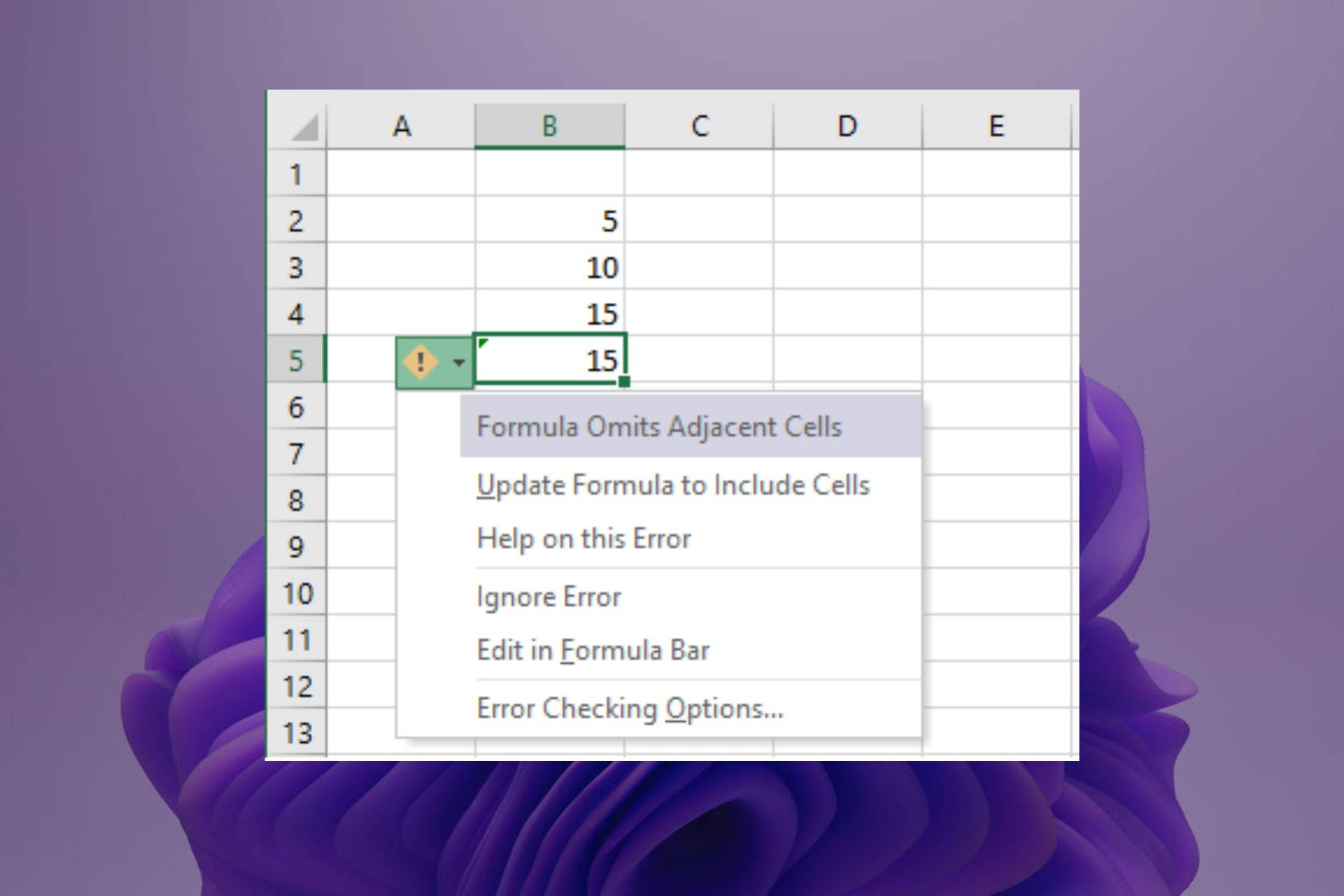 紫色花卉背景上的 Excel 錯誤訊息。