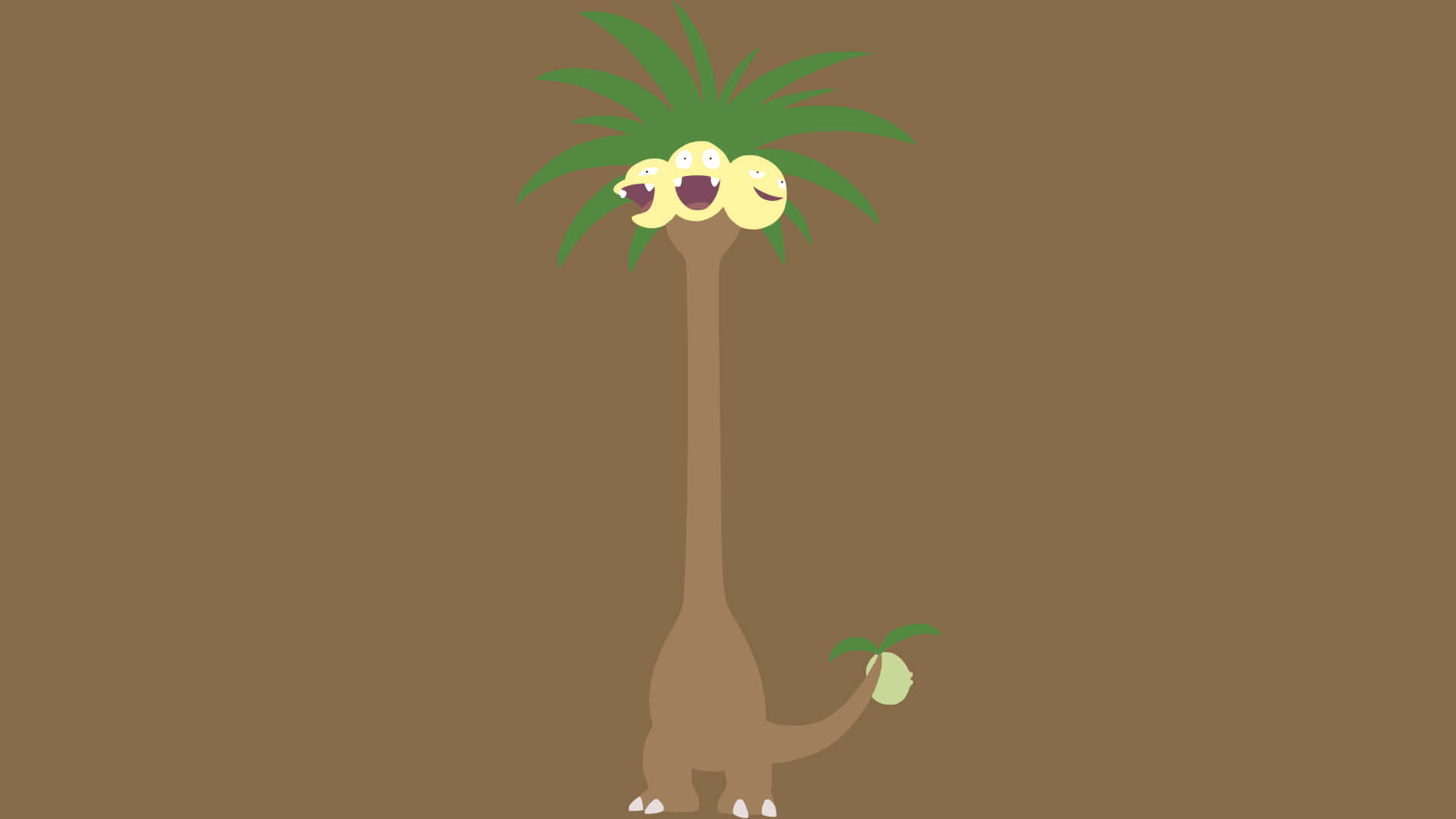 深棕色背景下的Exeggutor 壁紙 — 三個黃色卡通臉孔從一棵棕色棕櫚樹頂部愉快地探出頭來，尾巴上有一個小椰子。
