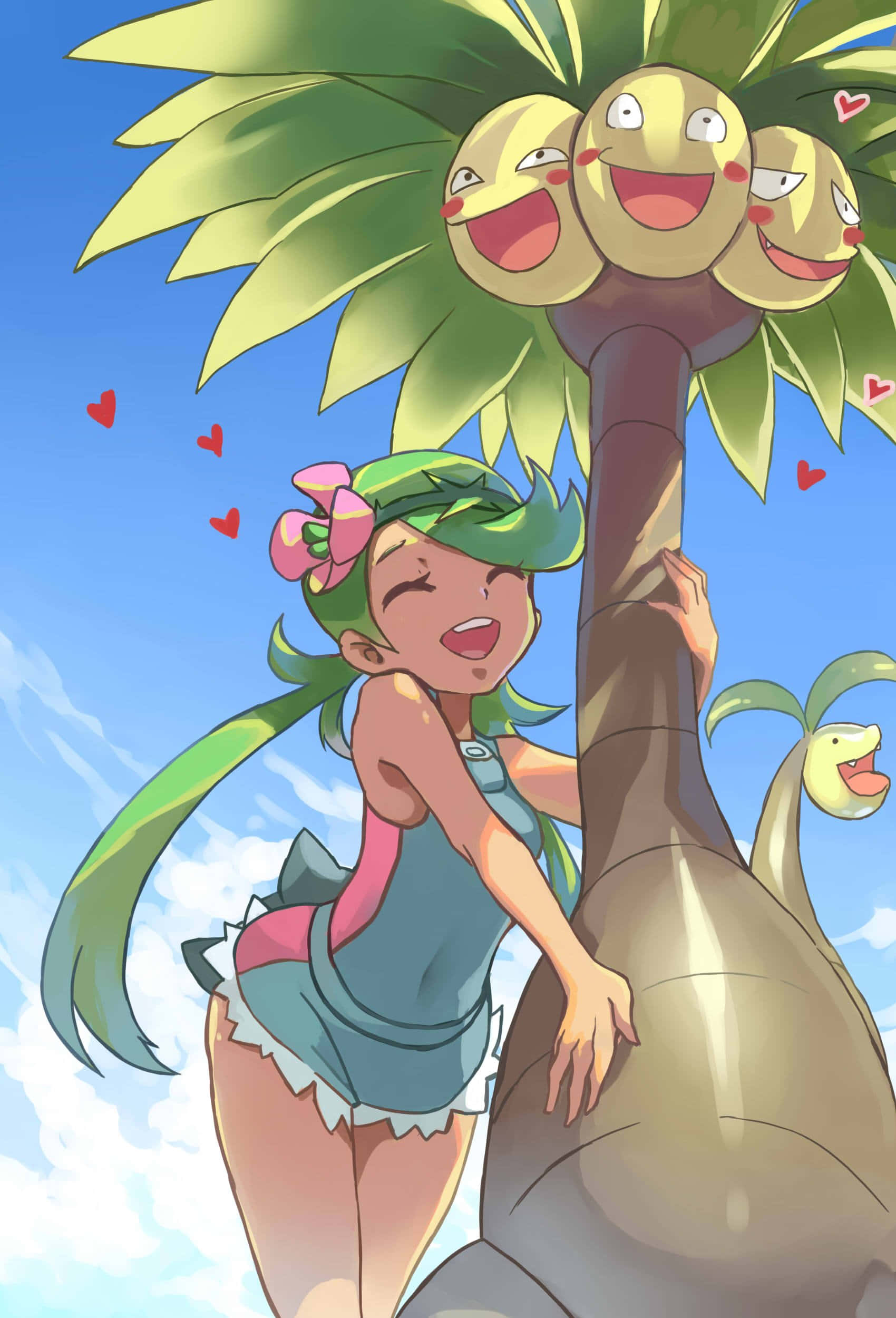 Exeggutor 與動漫女孩 壁紙 — 一個開心的動畫女孩，綠色頭髮，擁抱棕櫚樹，三隻微笑的寶可夢從樹葉中探出頭來，背景是明亮的藍天。