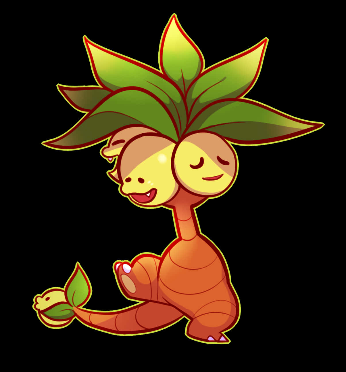可愛的Exeggutor繪畫 壁紙 — 一個快樂的卡通植物生物，頭部有葉子，帶著笑臉，坐在黑色背景前。