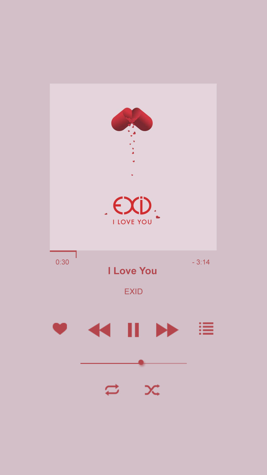 簡約音樂播放器，顯示EXID的歌曲I Love You，帶有紅色心形圖標。